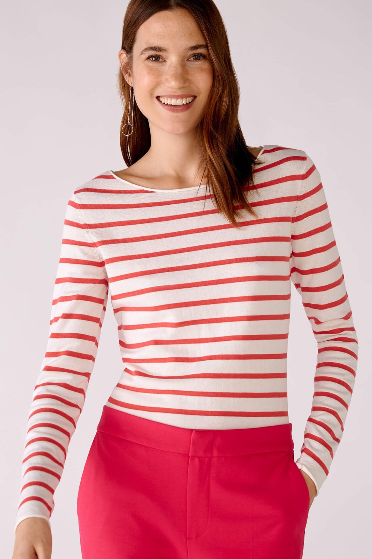 Oui 78778 Pink White Striped Wide Neck Jumper - Dotique Chesterfield