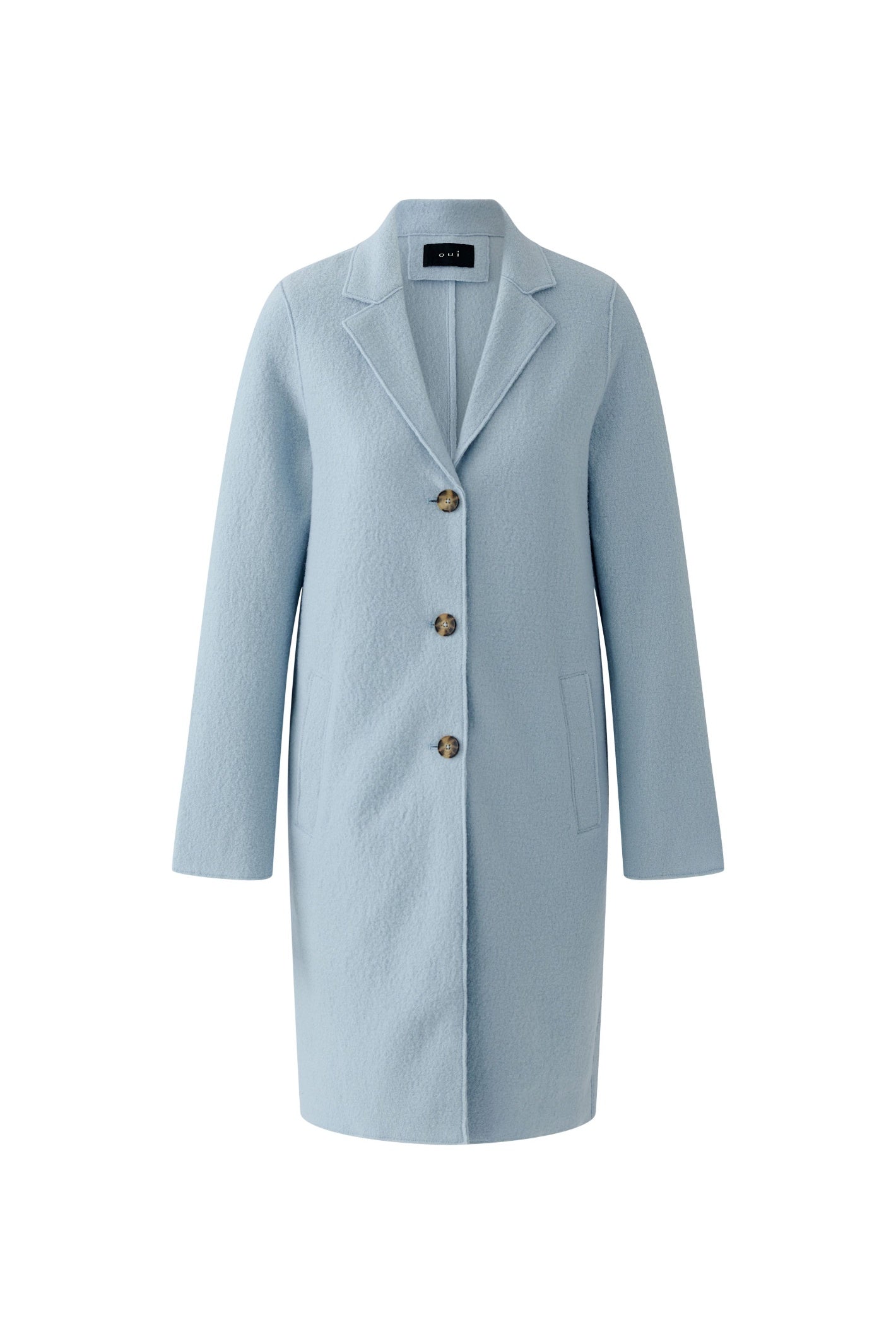 Oui 79918 Celestial Blue Mayson Coat by Oui featuring boiled wool texture Shop Oui at Dotique for elegant layering looks