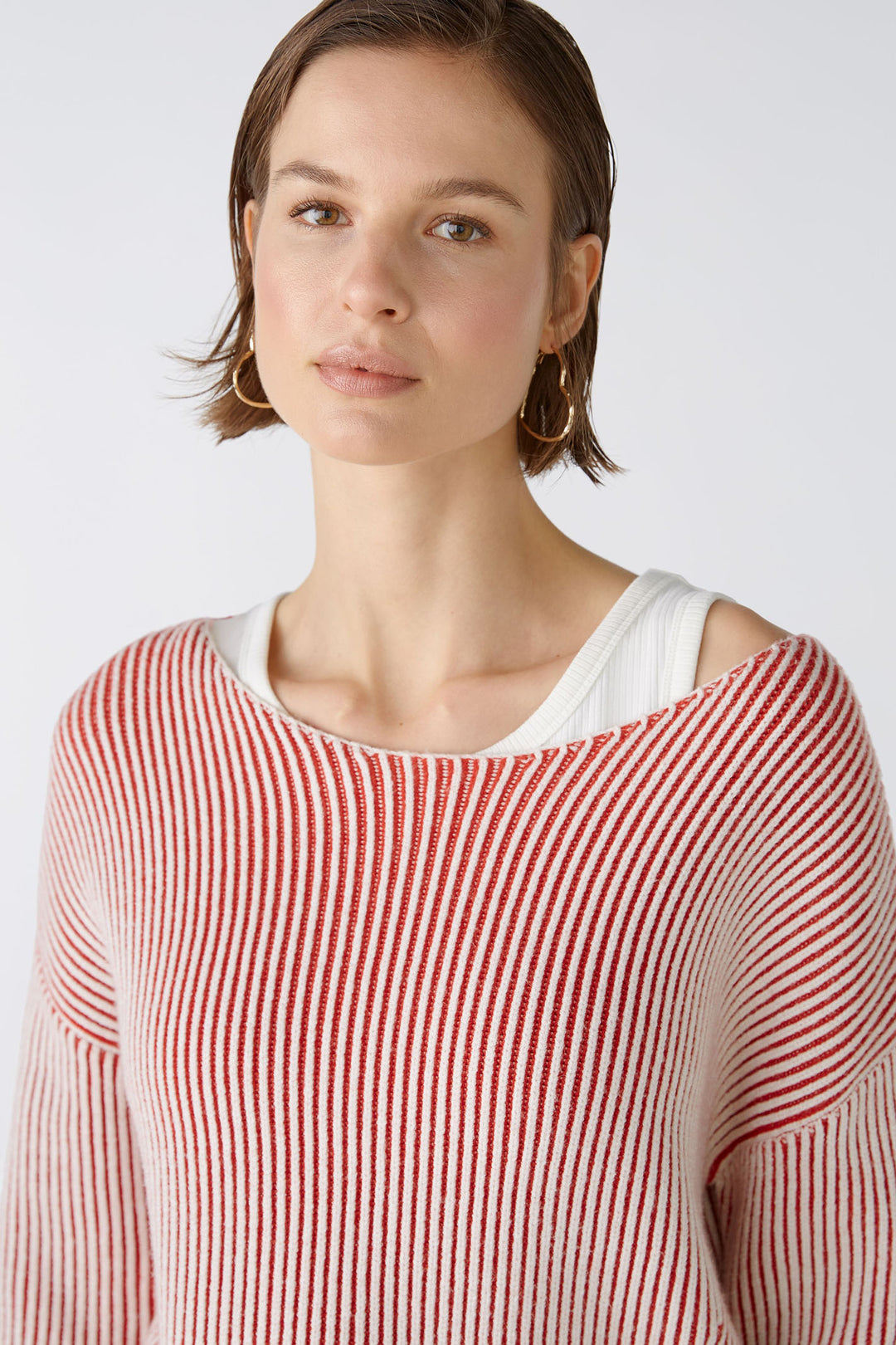 Oui 86626 Red White Ribbed Wide Neck Jumper - Dotique