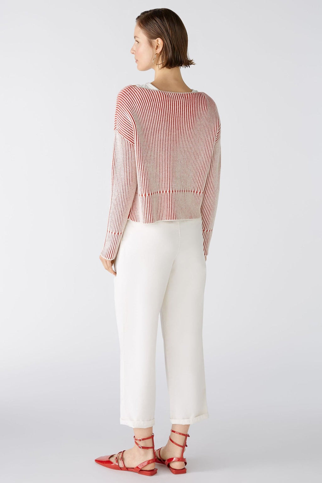 Oui 86626 Red White Ribbed Wide Neck Jumper - Dotique