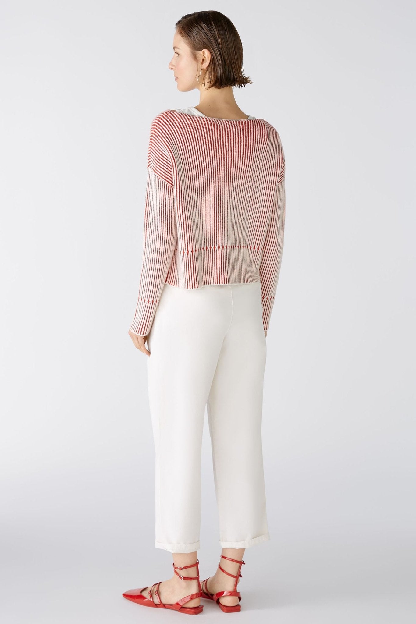 Oui 86626 Red White Ribbed Wide Neck Jumper - Dotique