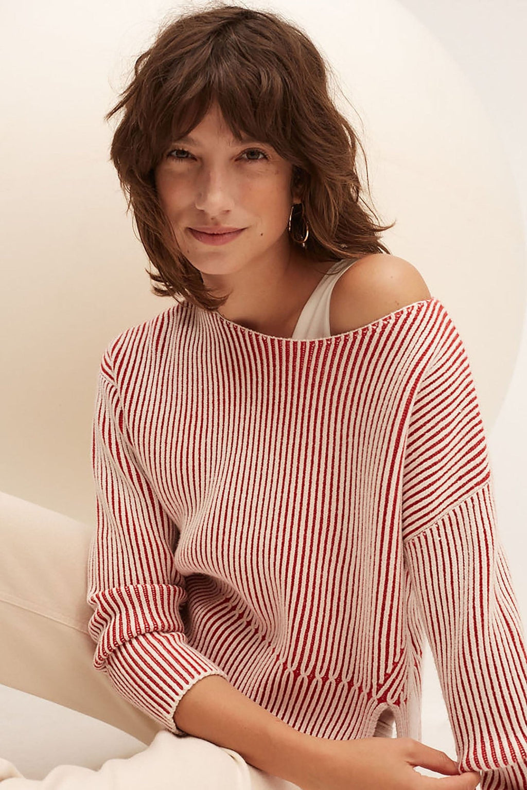 Oui 86626 Red White Ribbed Wide Neck Jumper - Dotique