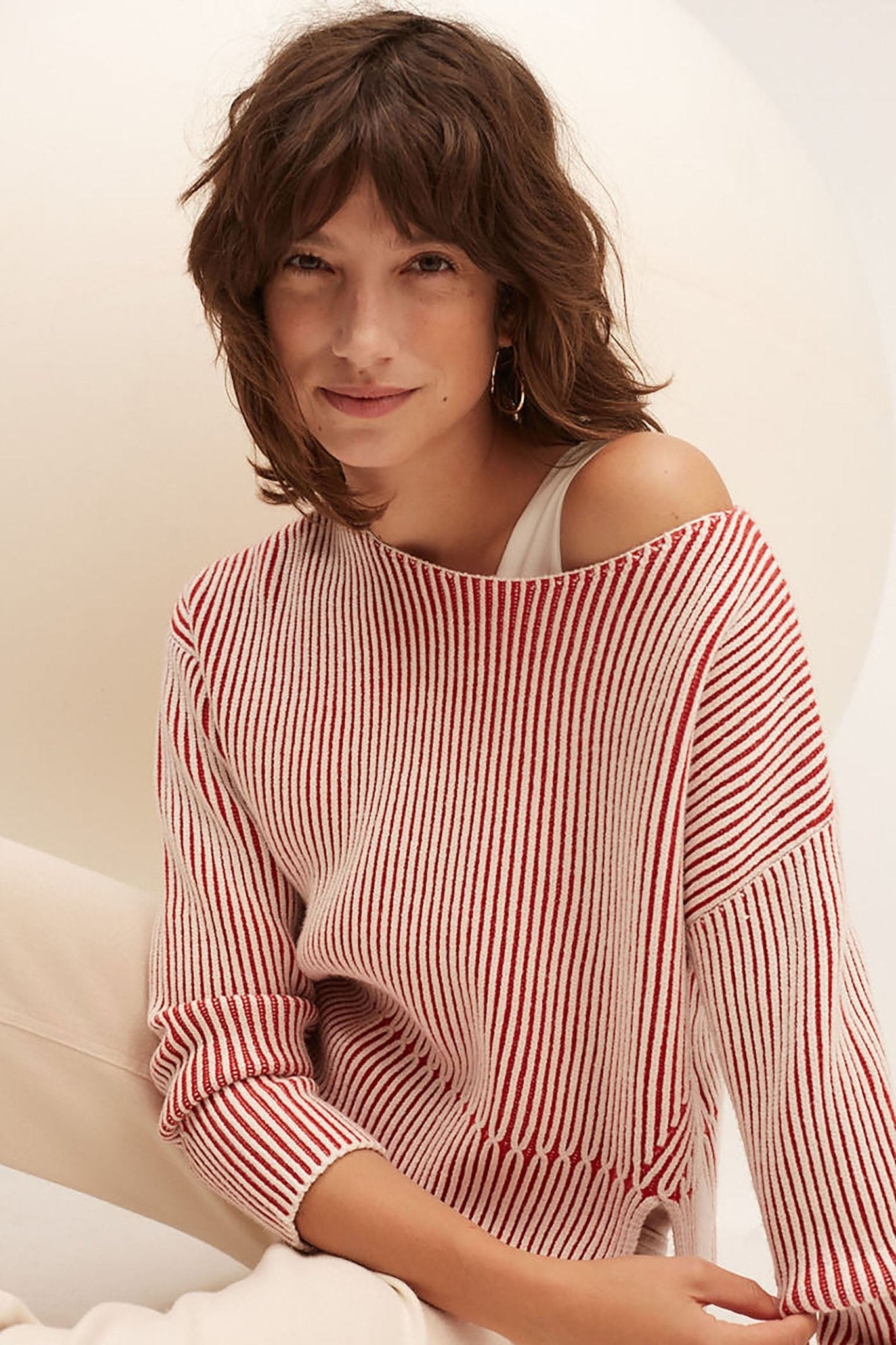 Oui 86626 Red White Ribbed Wide Neck Jumper - Dotique