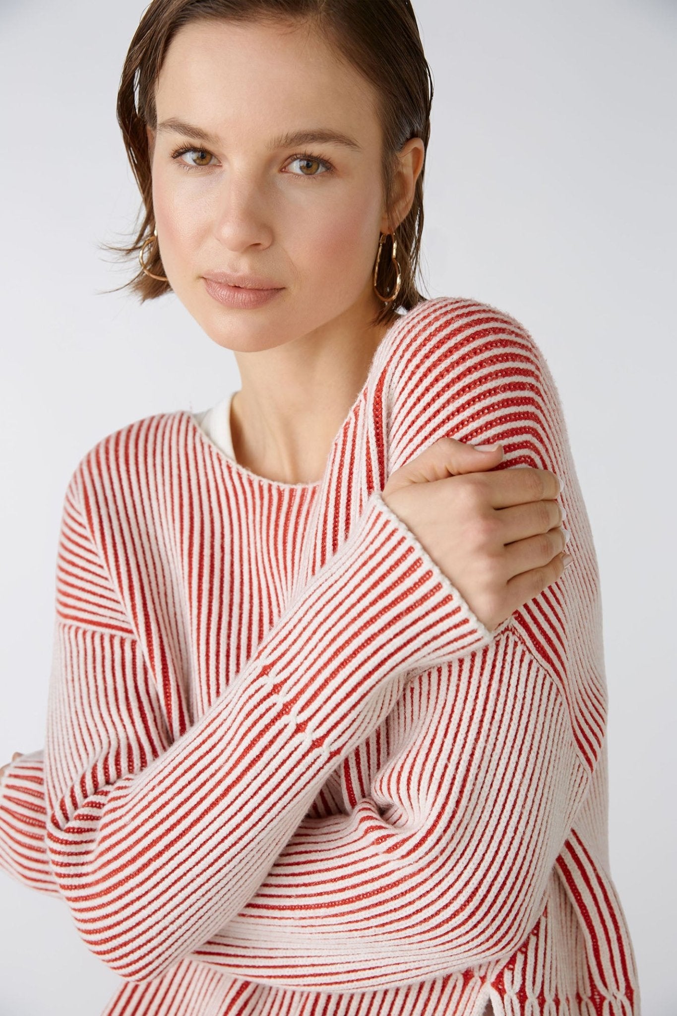 Oui 86626 Red White Ribbed Wide Neck Jumper - Dotique