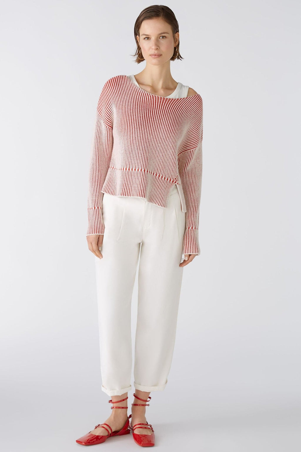 Oui 86626 Red White Ribbed Wide Neck Jumper - Dotique