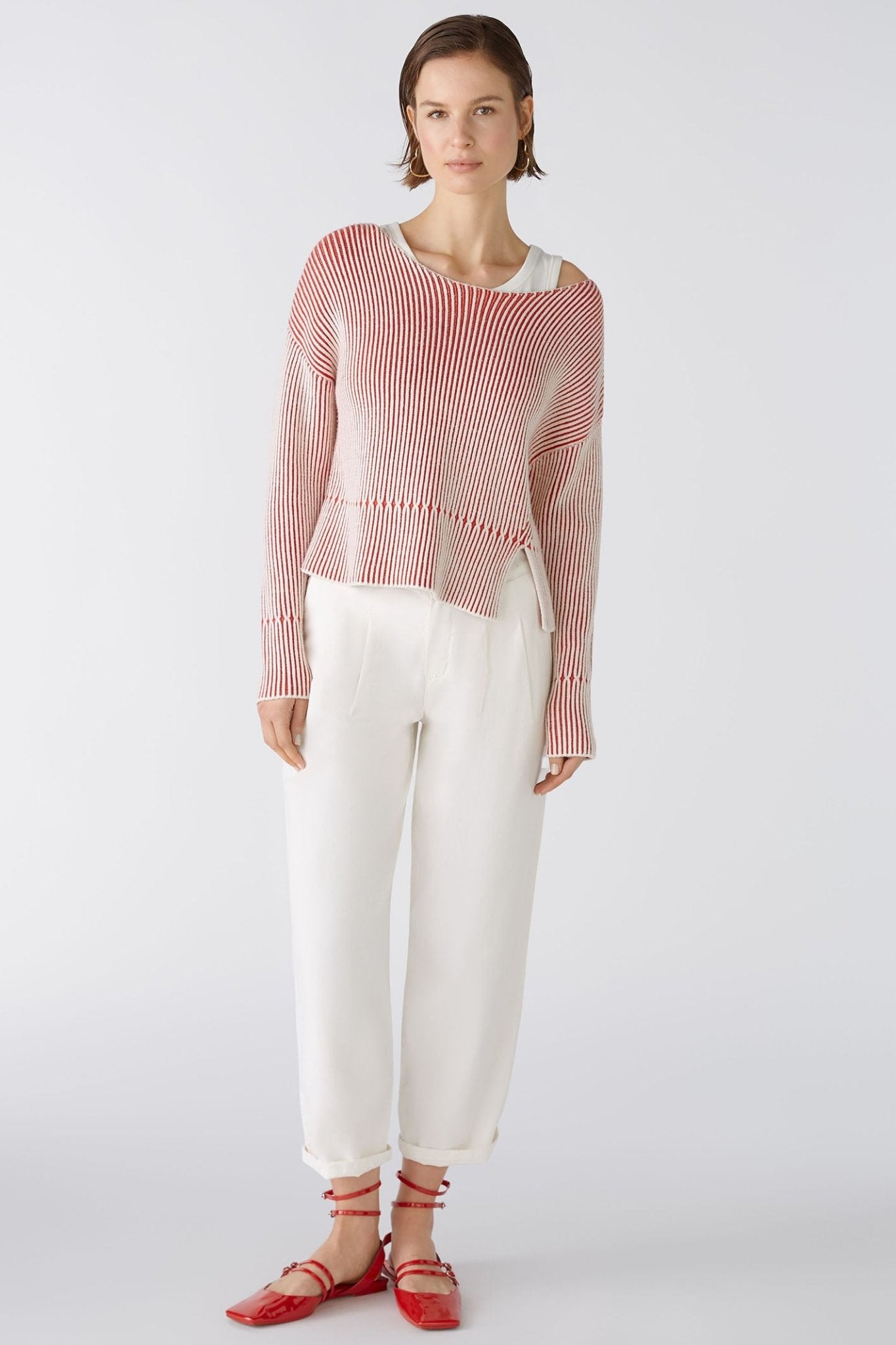 Oui 86626 Red White Ribbed Wide Neck Jumper - Dotique