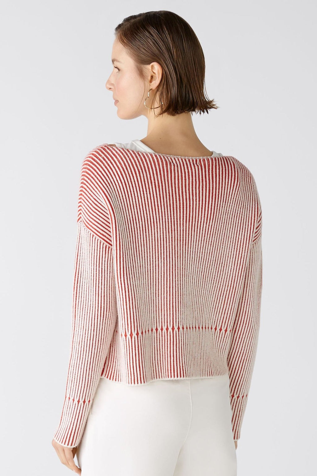 Oui 86626 Red White Ribbed Wide Neck Jumper - Dotique