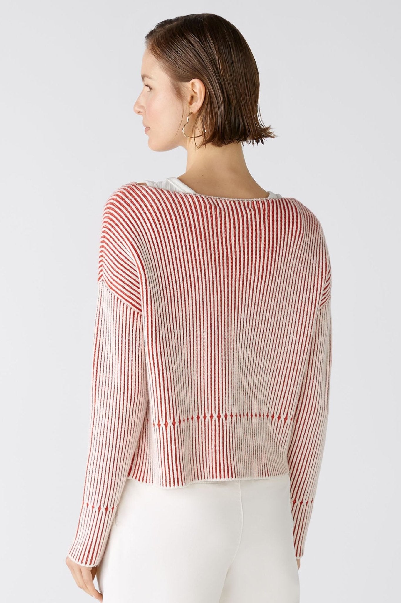 Oui 86626 Red White Ribbed Wide Neck Jumper - Dotique