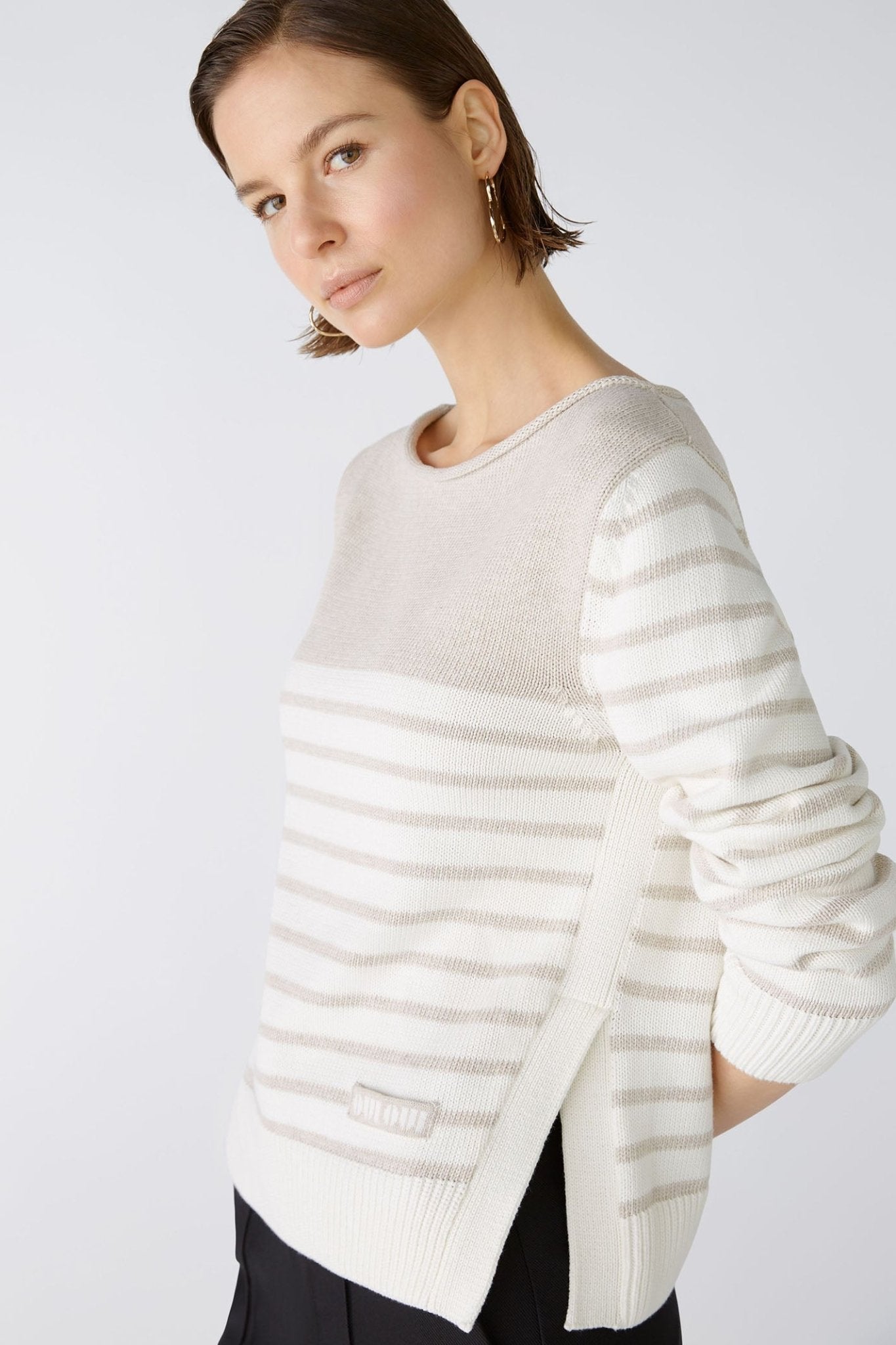 Oui 86651 White Camel Stripe Wide Neck Jumper - Dotique