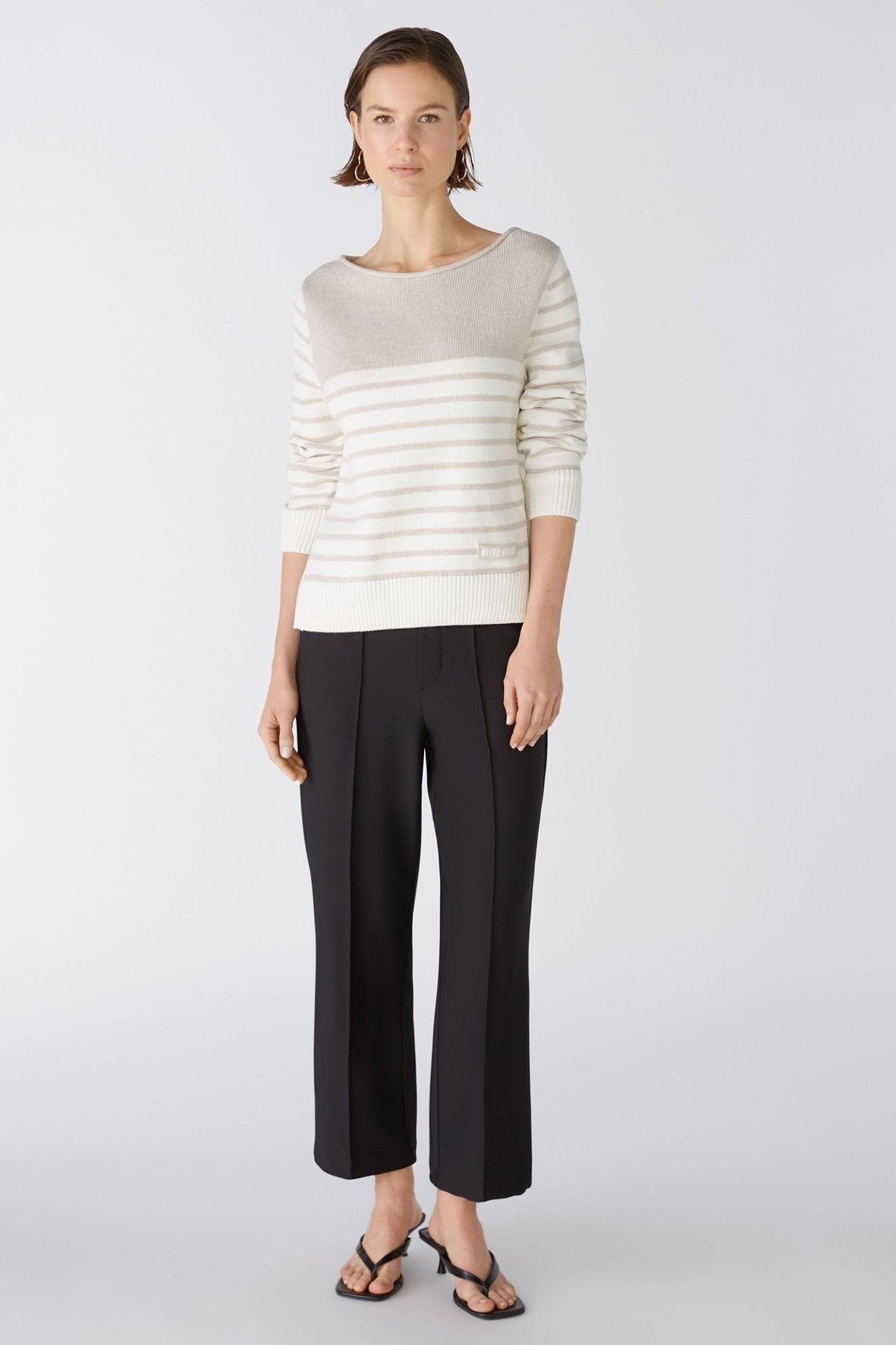 Oui 86651 White Camel Stripe Wide Neck Jumper - Dotique