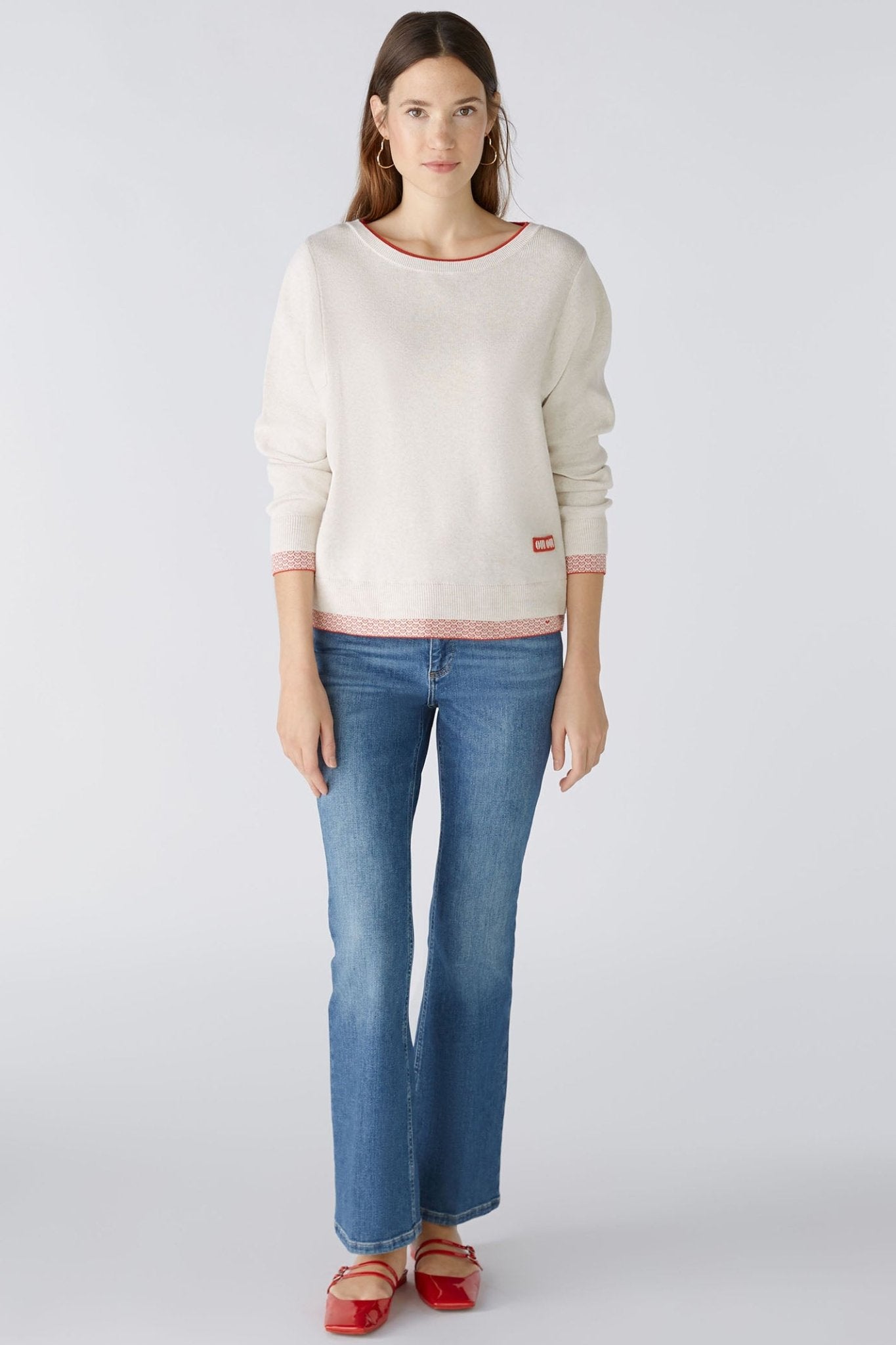 Oui 86667 White Red Wide Neck Heart Hem Jumper - Dotique
