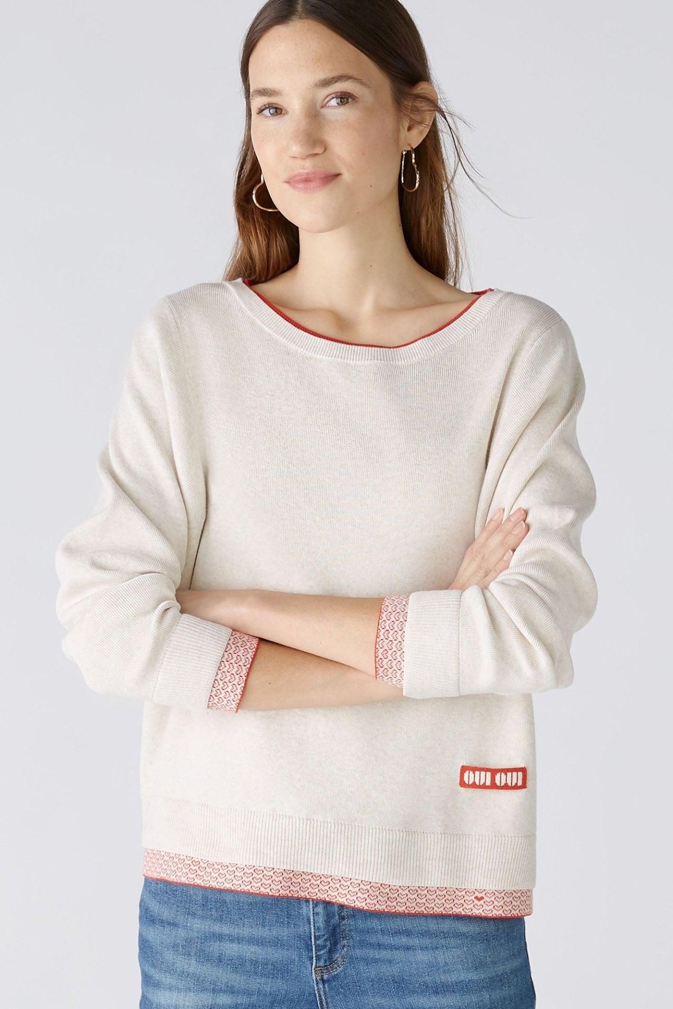 Oui 86667 White Red Wide Neck Heart Hem Jumper - Dotique