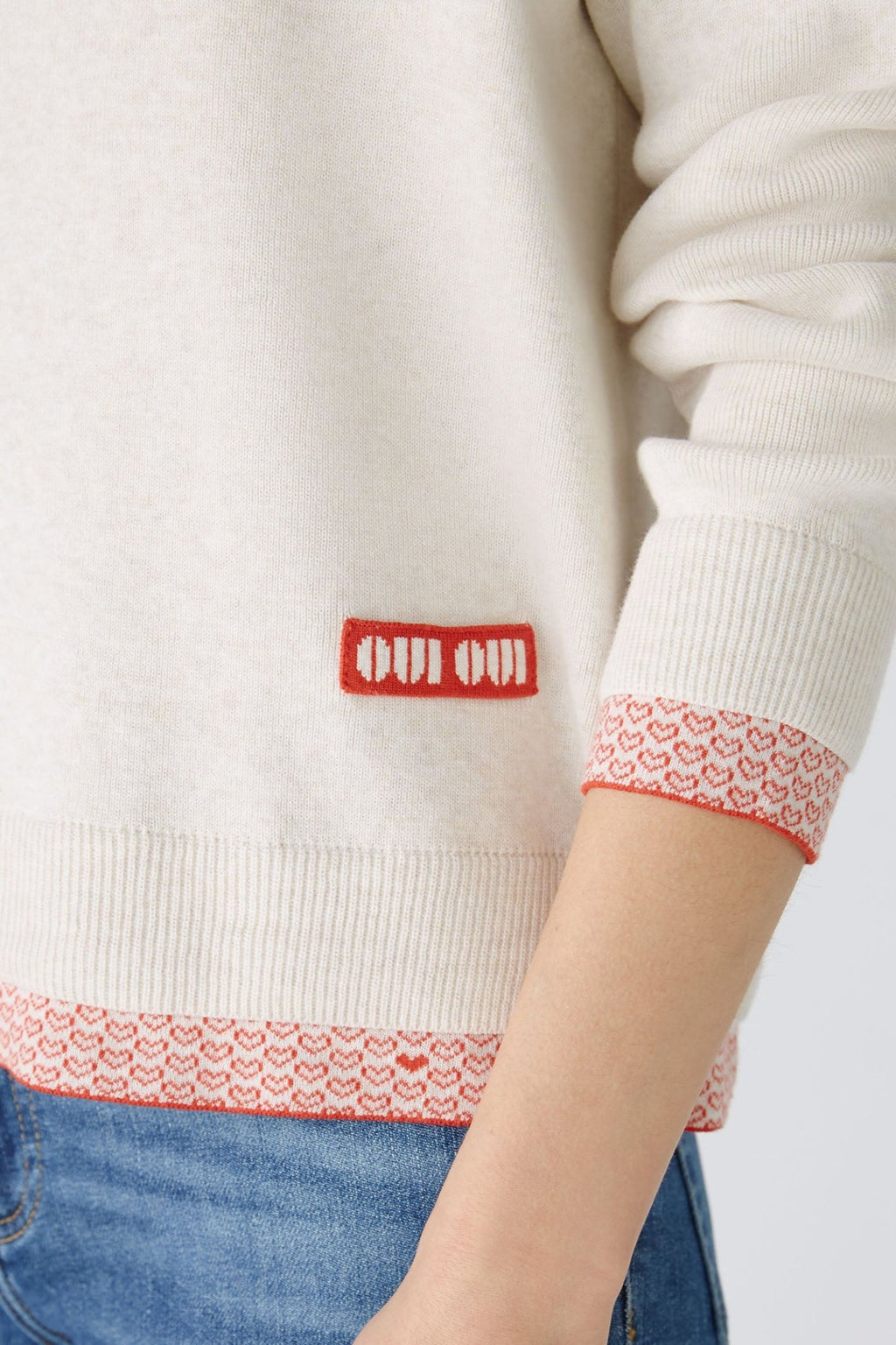 Oui 86667 White Red Wide Neck Heart Hem Jumper - Dotique