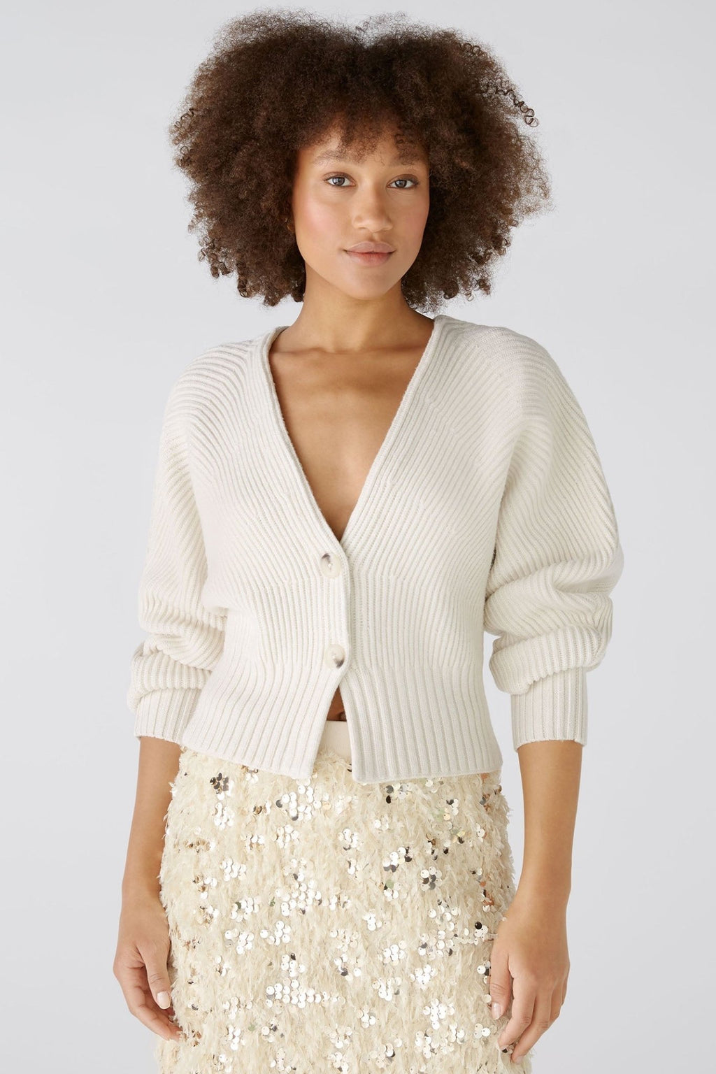 Oui 86691 Off White Ribbed Two-Button Cardigan - Dotique