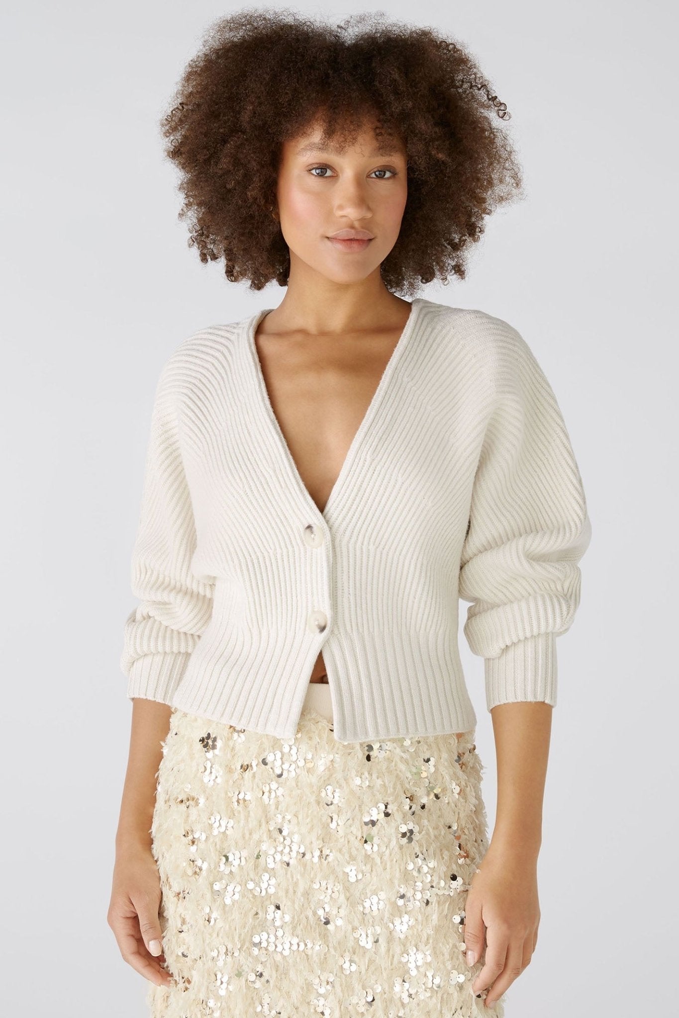 Oui 86691 Off White Ribbed Two-Button Cardigan - Dotique