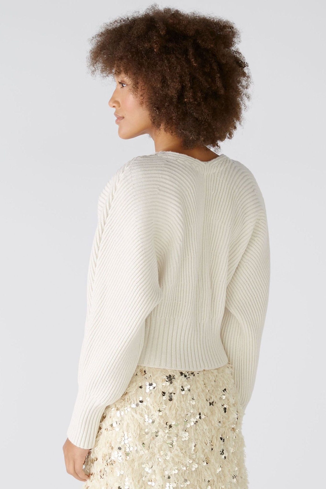 Oui 86691 Off White Ribbed Two-Button Cardigan - Dotique