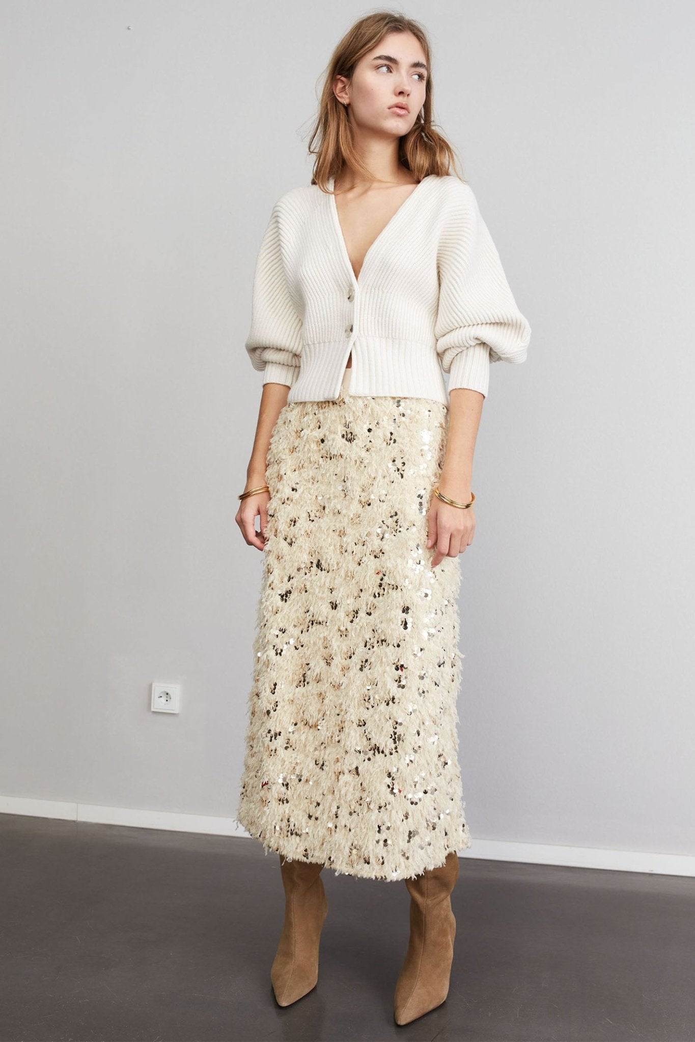 Oui 86691 Off White Ribbed Two-Button Cardigan - Dotique