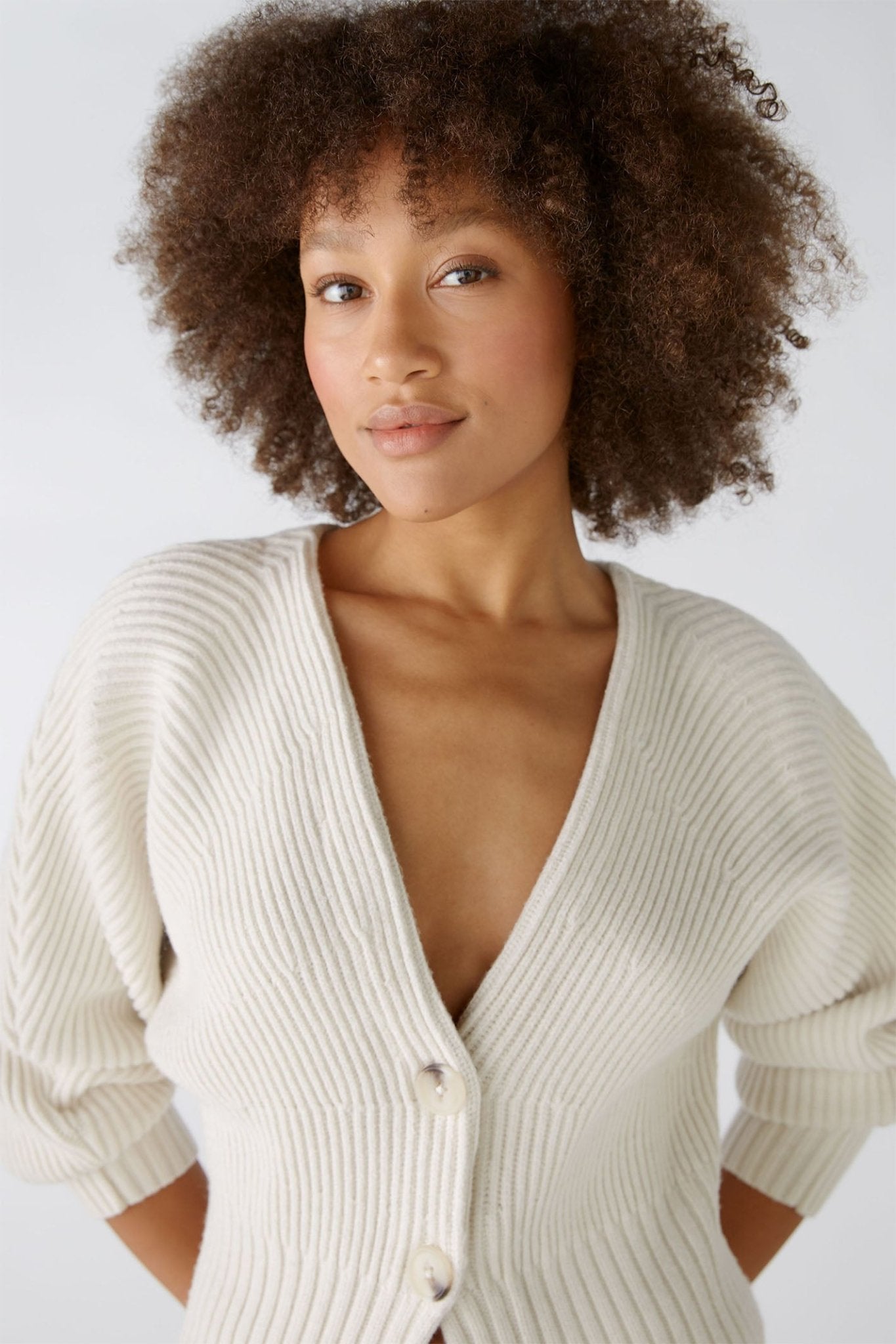 Oui 86691 Off White Ribbed Two-Button Cardigan - Dotique