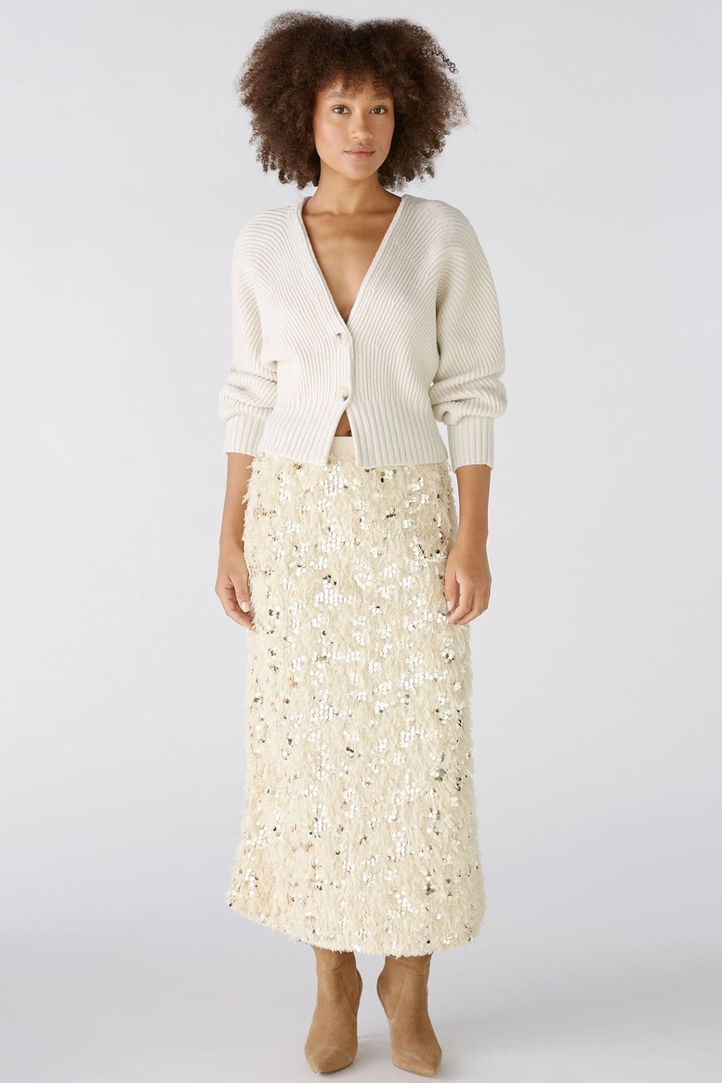 Oui 86691 Off White Ribbed Two-Button Cardigan - Dotique