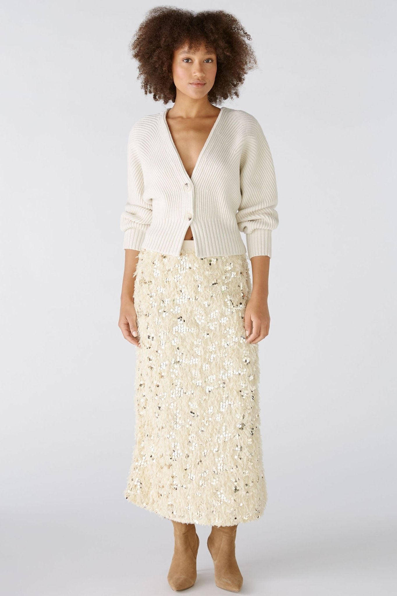 Oui 86691 Off White Ribbed Two-Button Cardigan - Dotique