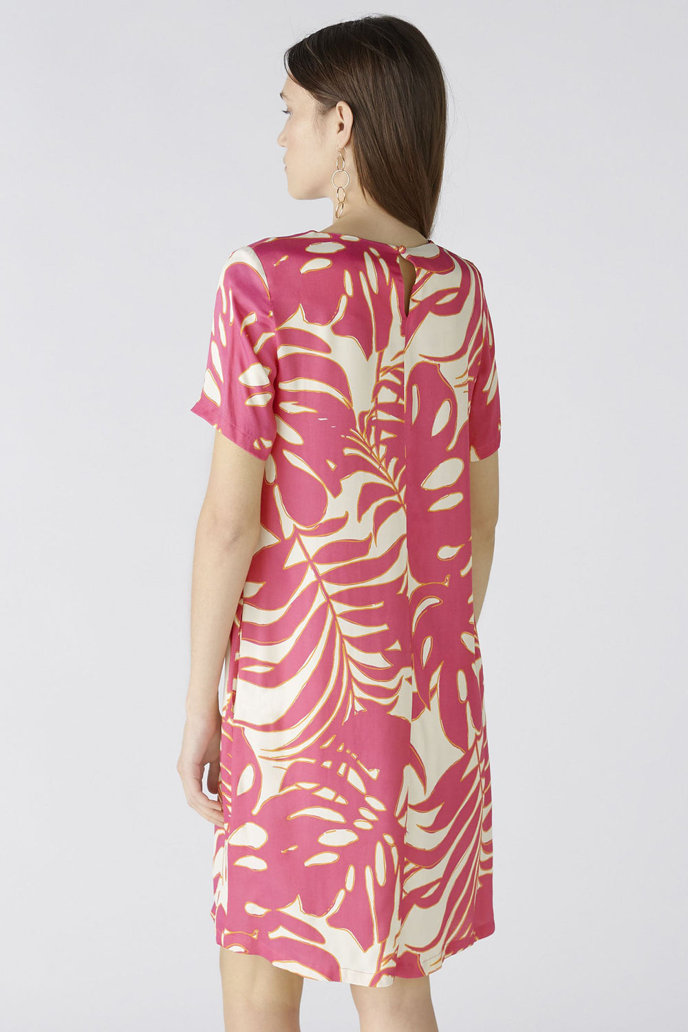 Oui 86713 Pink White Tropical Leaf Print Dress - Dotique