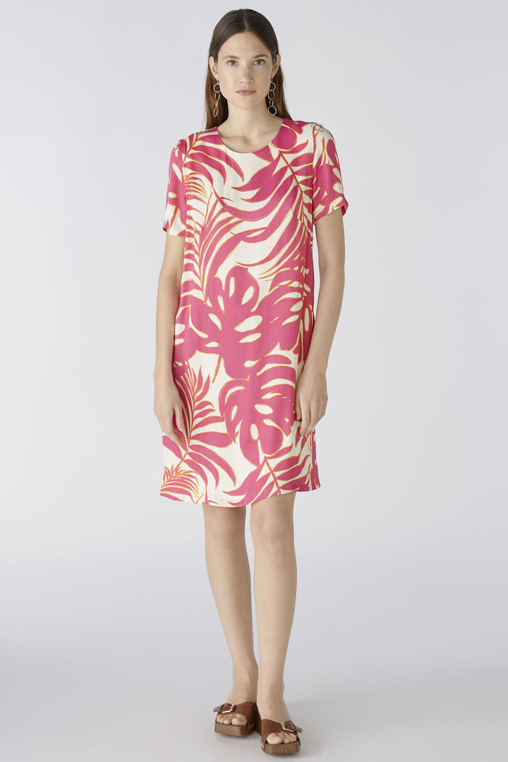 Oui 86713 Pink White Tropical Leaf Print Dress - Dotique