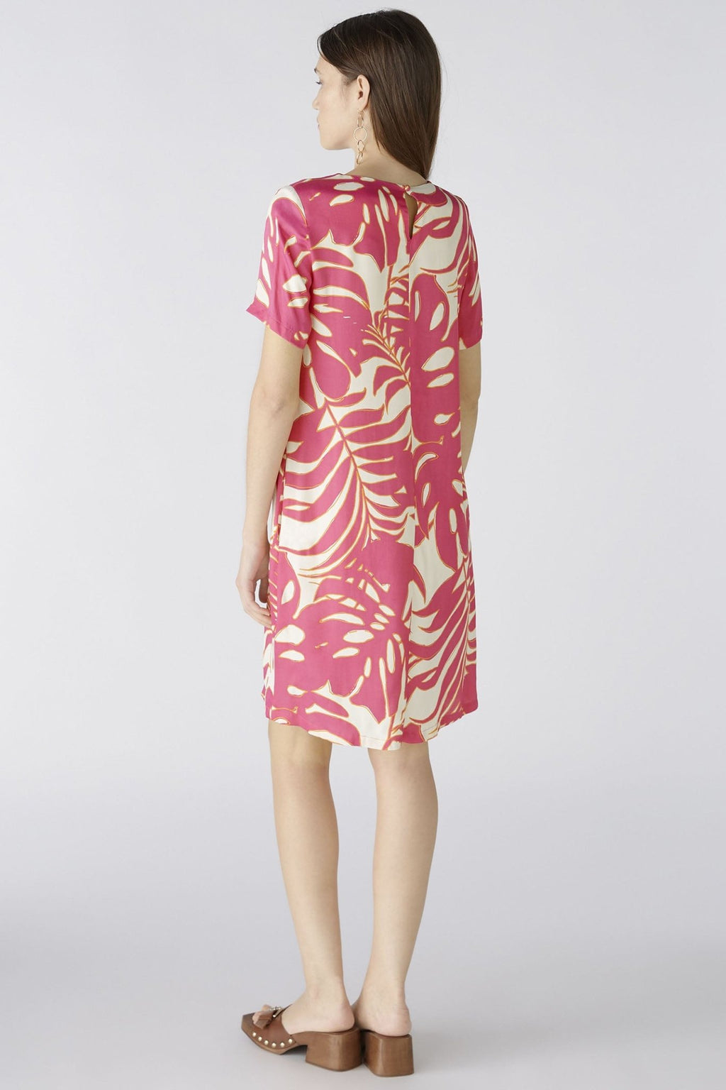 Oui 86713 Pink White Tropical Leaf Print Dress - Dotique
