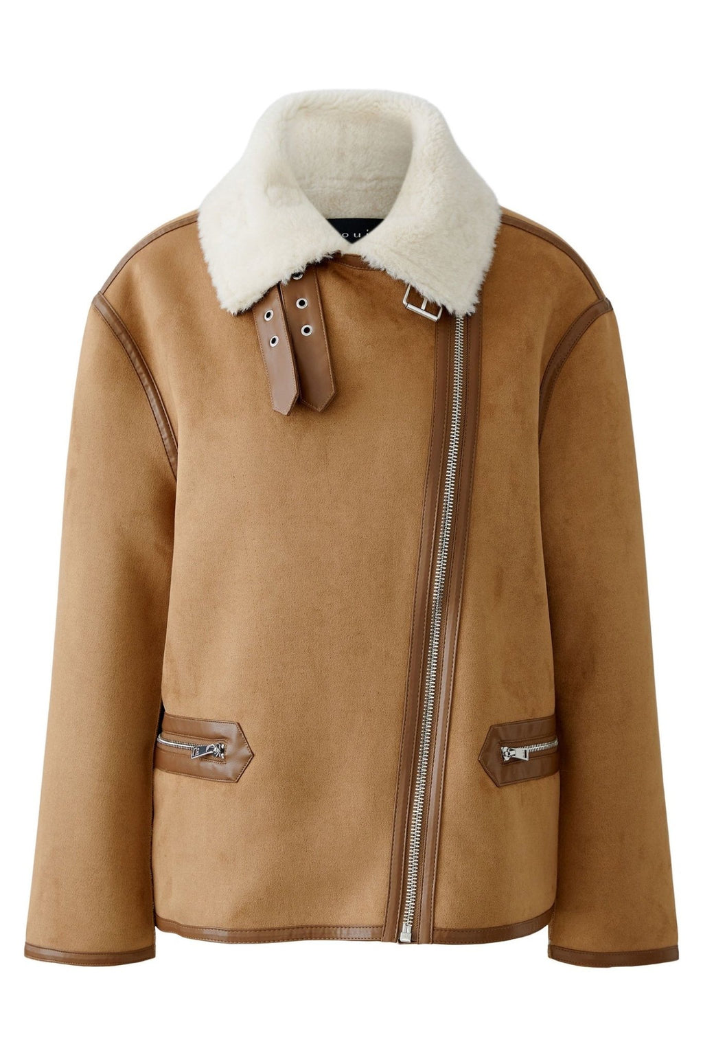 Brown leather jacket with white fur collar on a white background