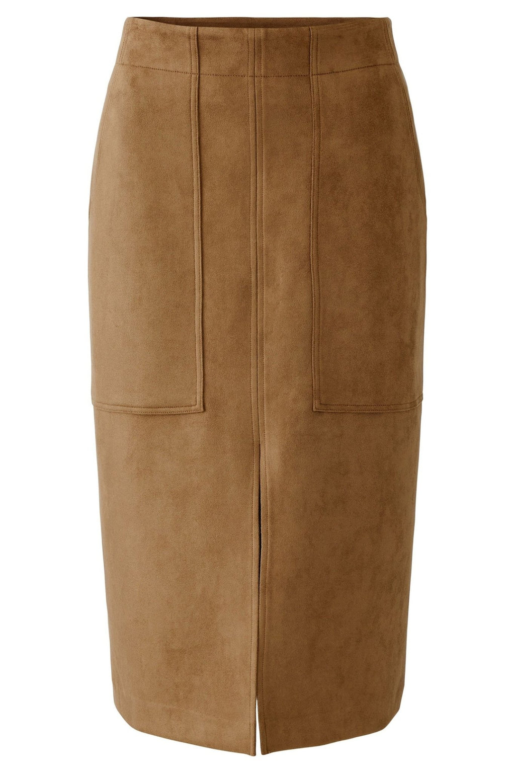 Tan suede pencil skirt on a white background