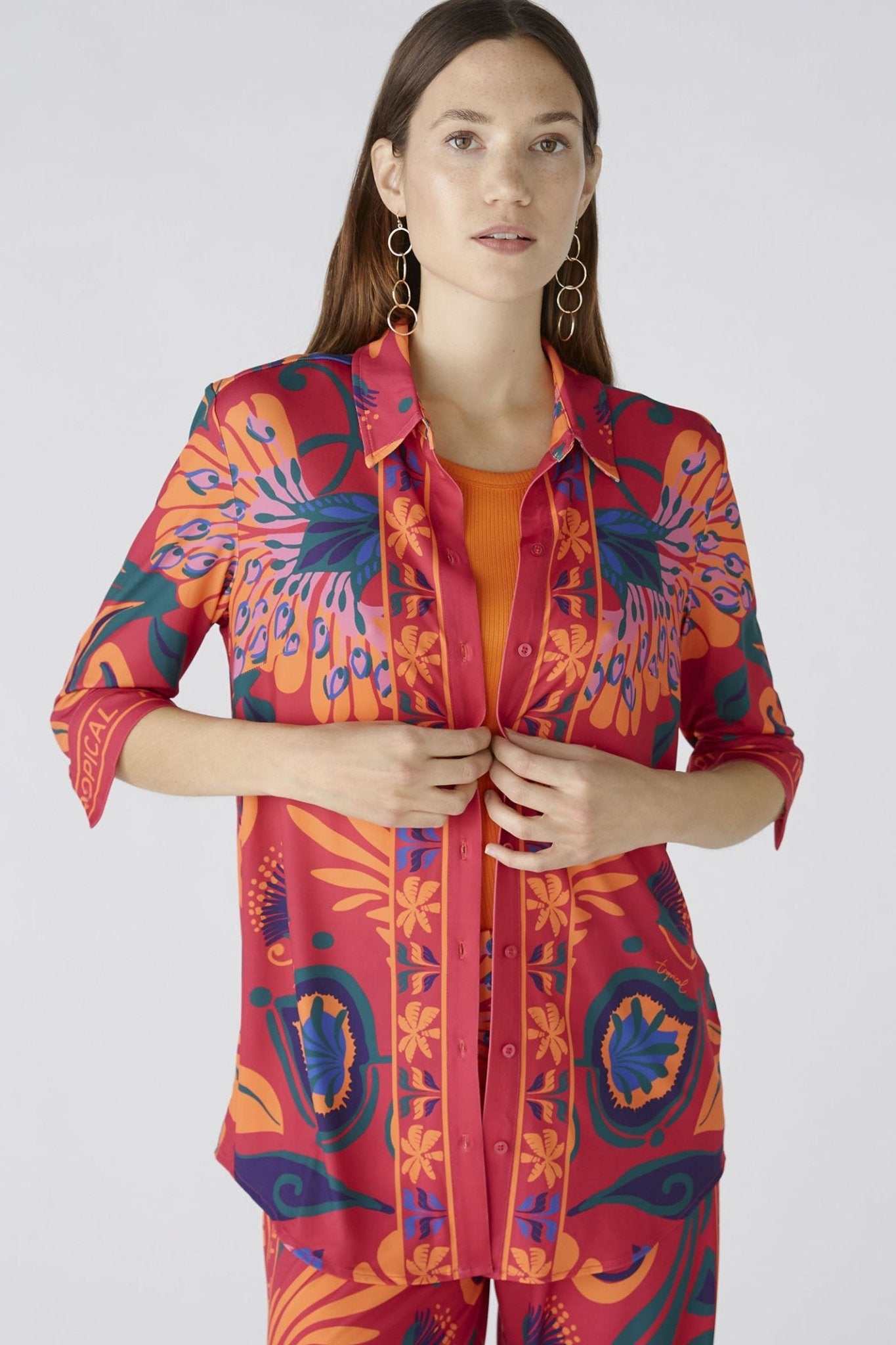 Oui 87420 Pink Orange Tropical Print Shirt - Dotique
