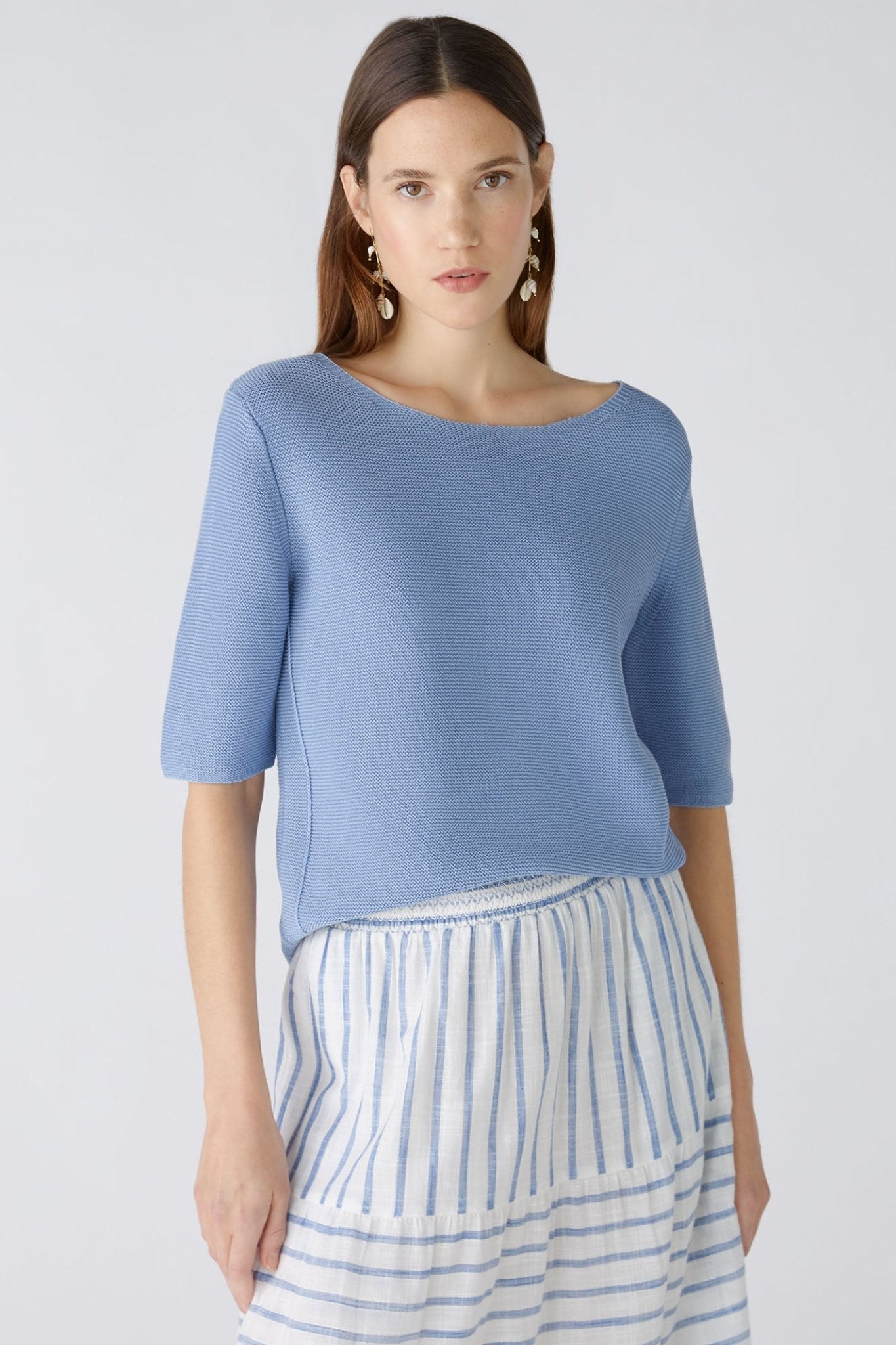 トップス SHISHIKUI COTTON C / LIGHT BLUE Oui 87489 Light Blue Short Sleeve Round Neck Jumper – Dotique