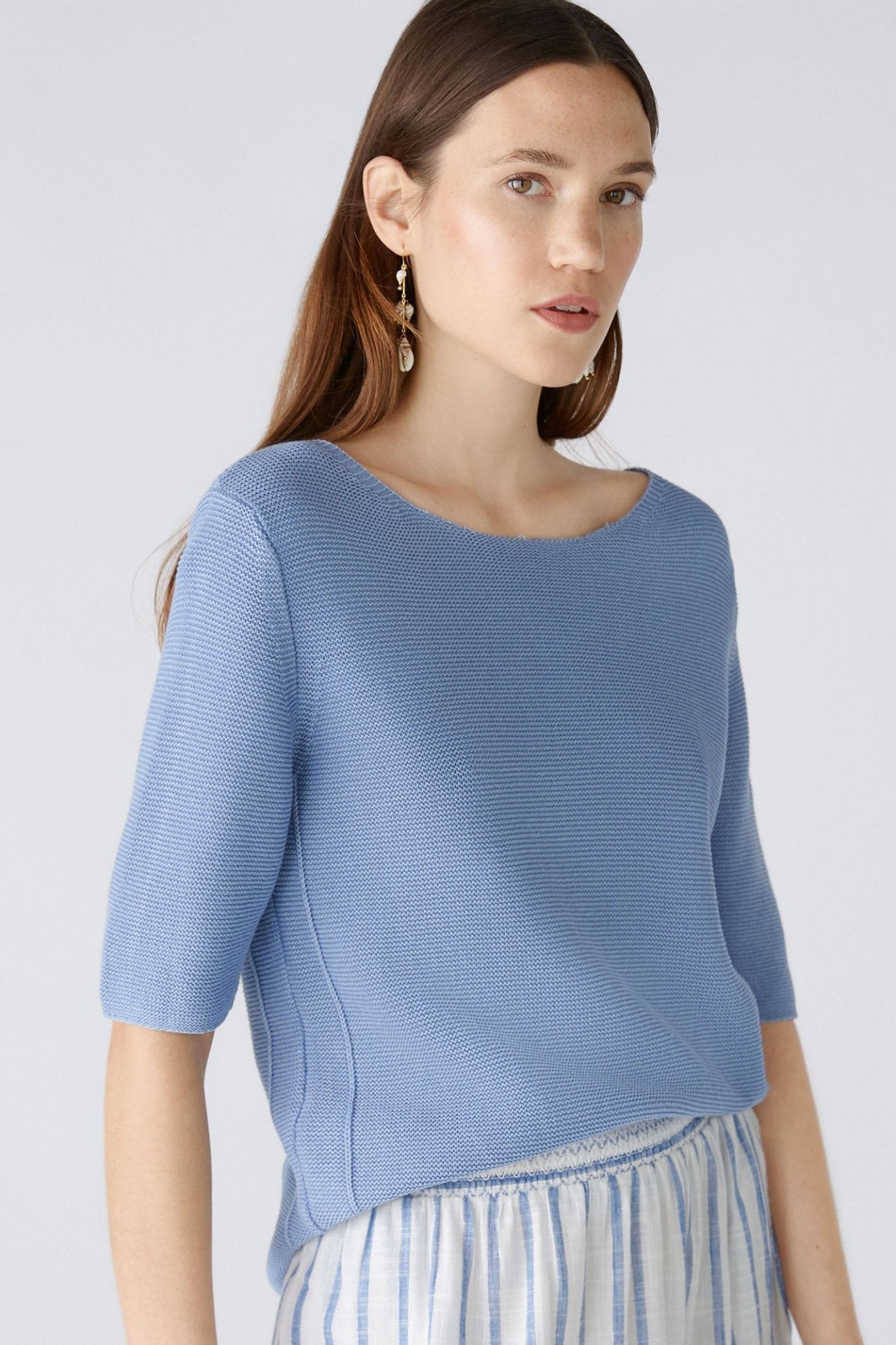 Oui 87489 Light Blue Short Sleeve Round Neck Jumper - Dotique