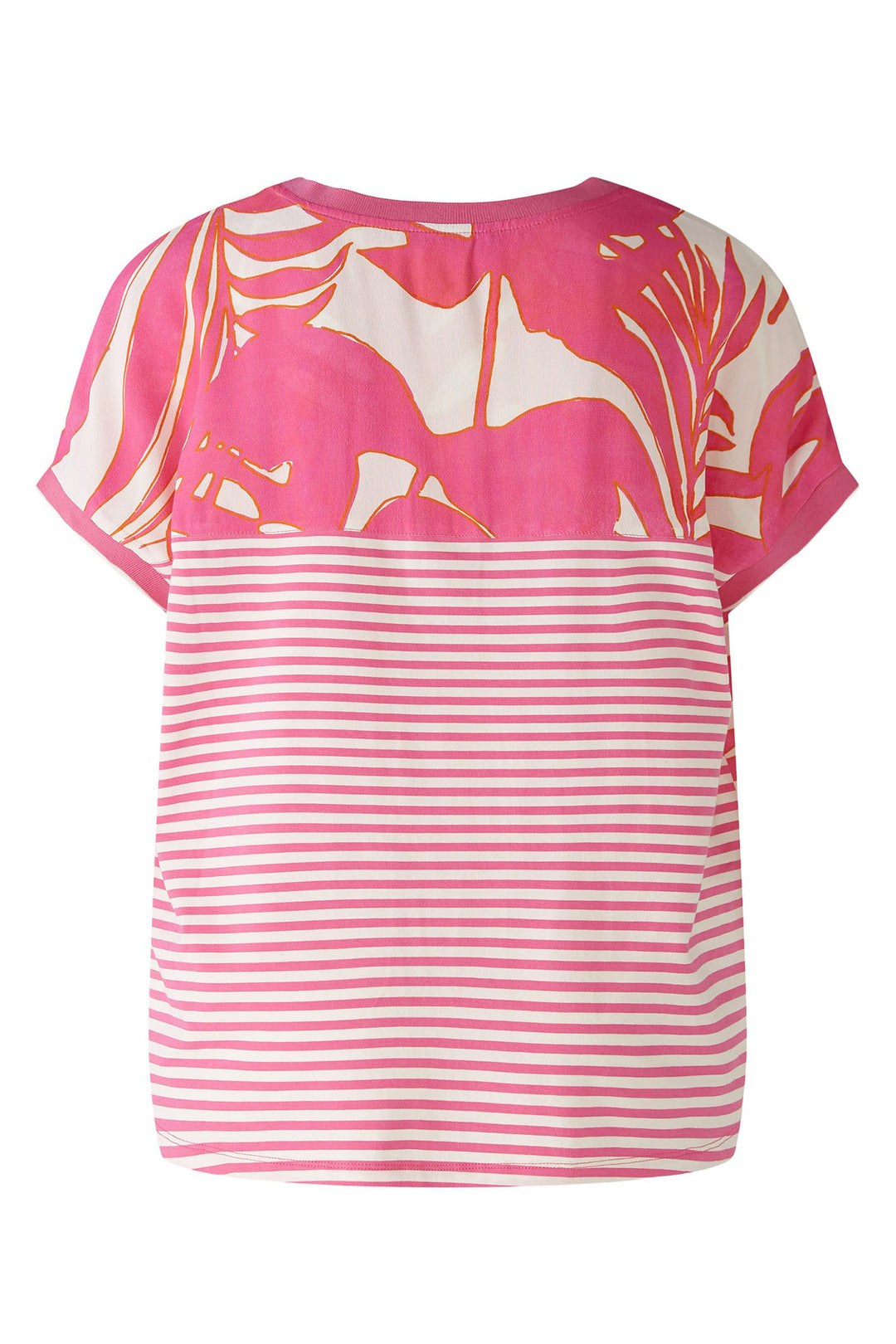 Oui 87505 Pink White Tropical Leaf Print Stripe Back Top - Dotique