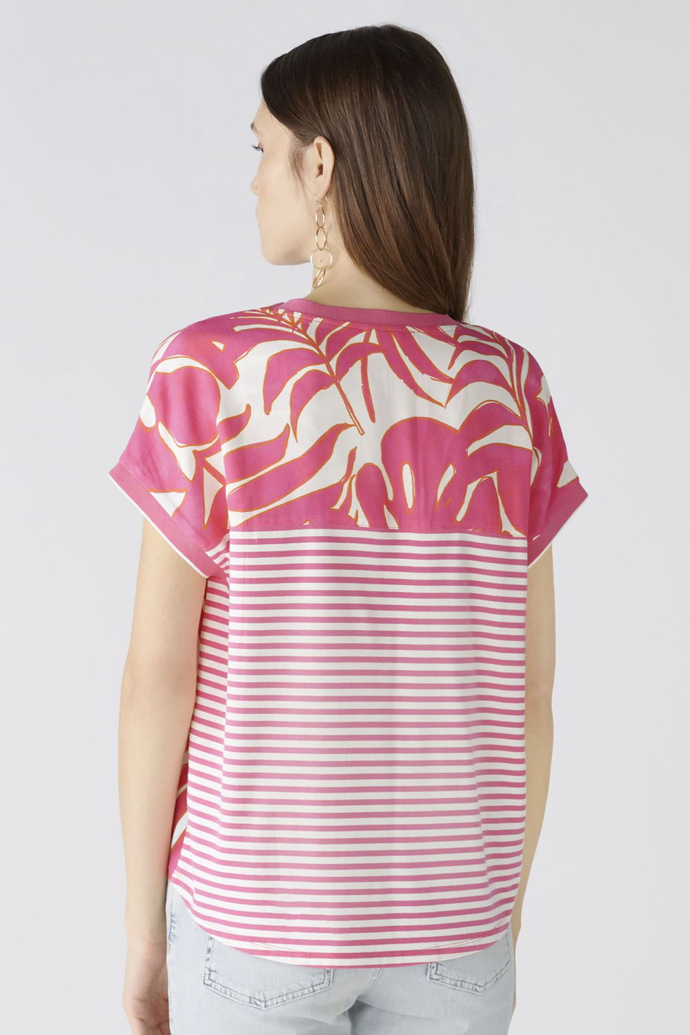 Oui 87505 Pink White Tropical Leaf Print Stripe Back Top - Dotique