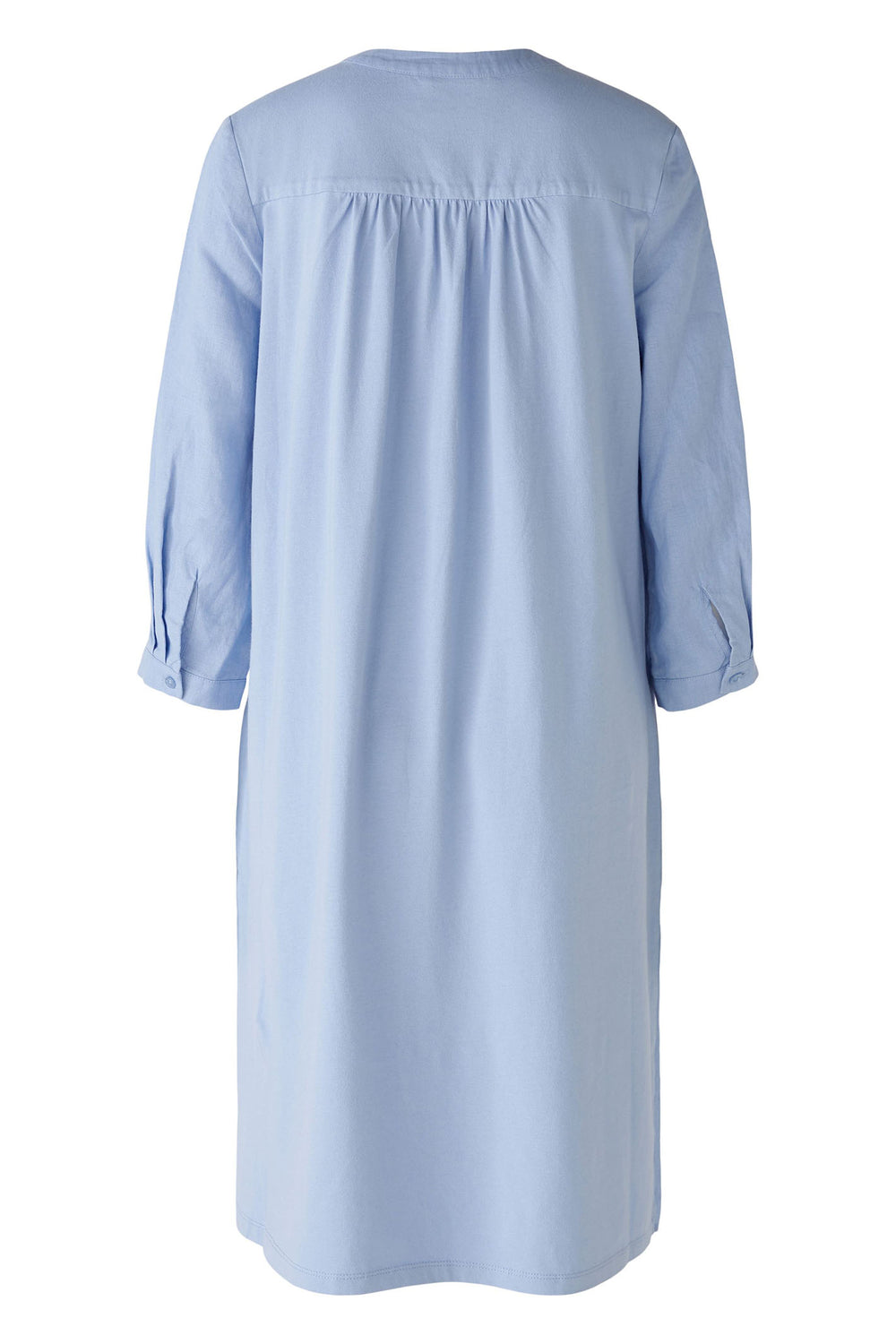 Oui 87560 Light Blue Split Neck A-Line Linen Dress With Sleeves - Dotique