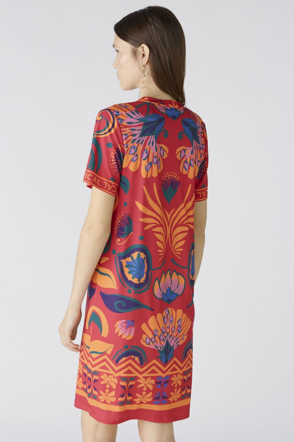 Oui 87562 Pink Orange Tropical Print Short Sleeve Dress - Dotique