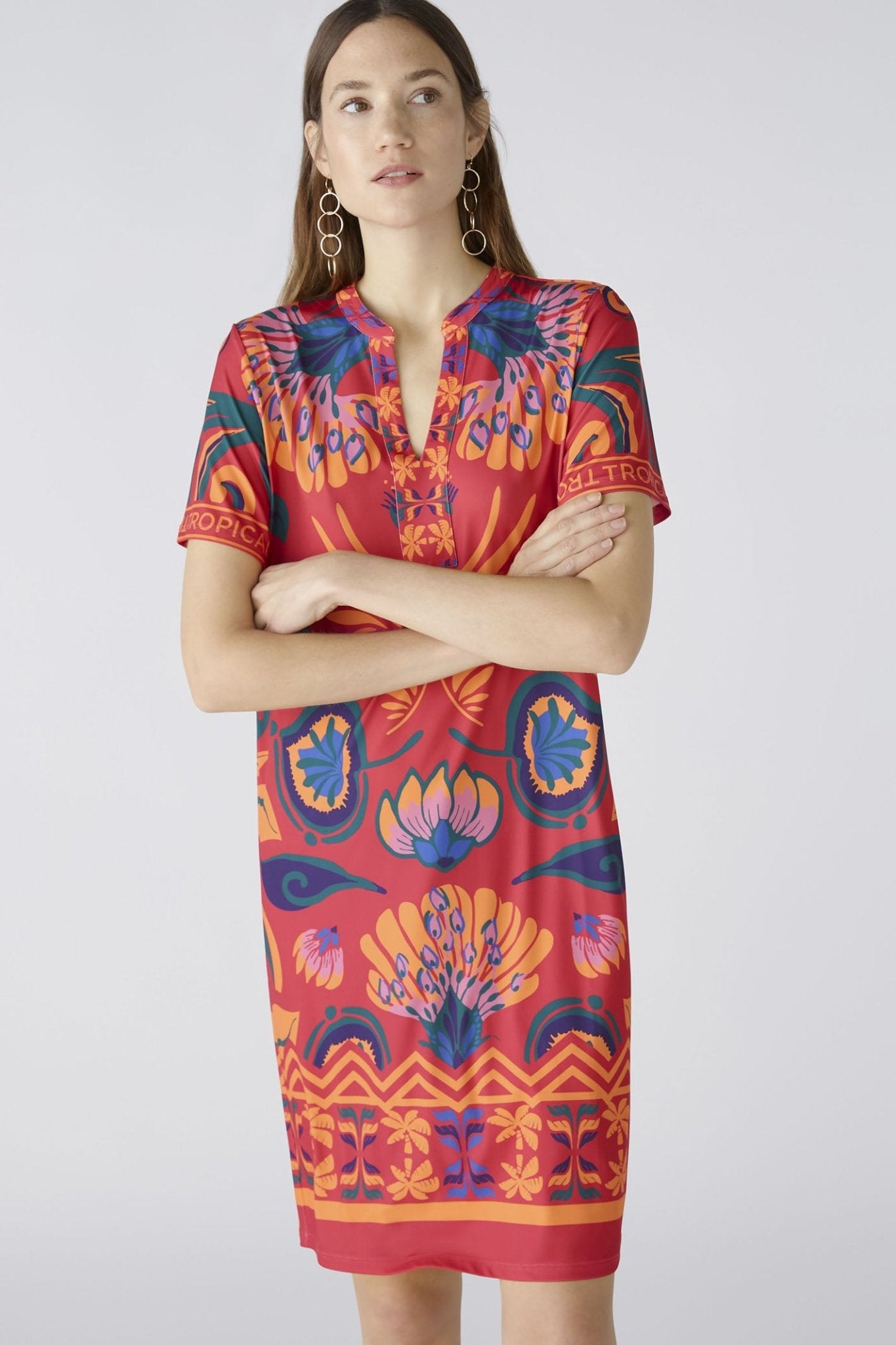 Oui 87562 Pink Orange Tropical Print Short Sleeve Dress - Dotique