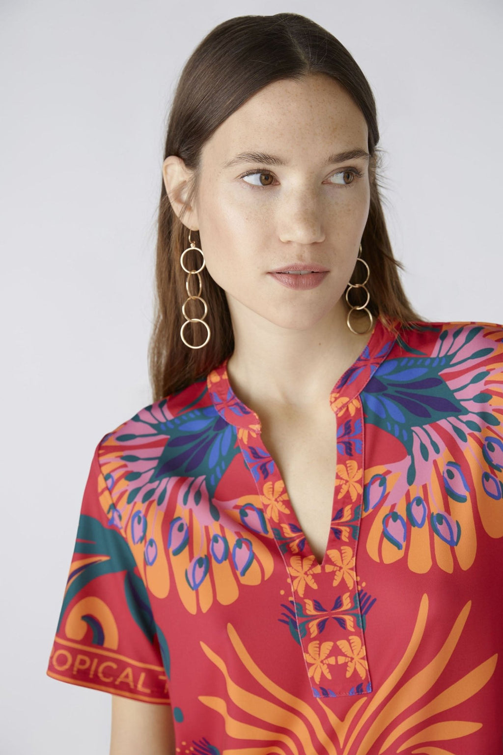 Oui 87562 Pink Orange Tropical Print Short Sleeve Dress - Dotique