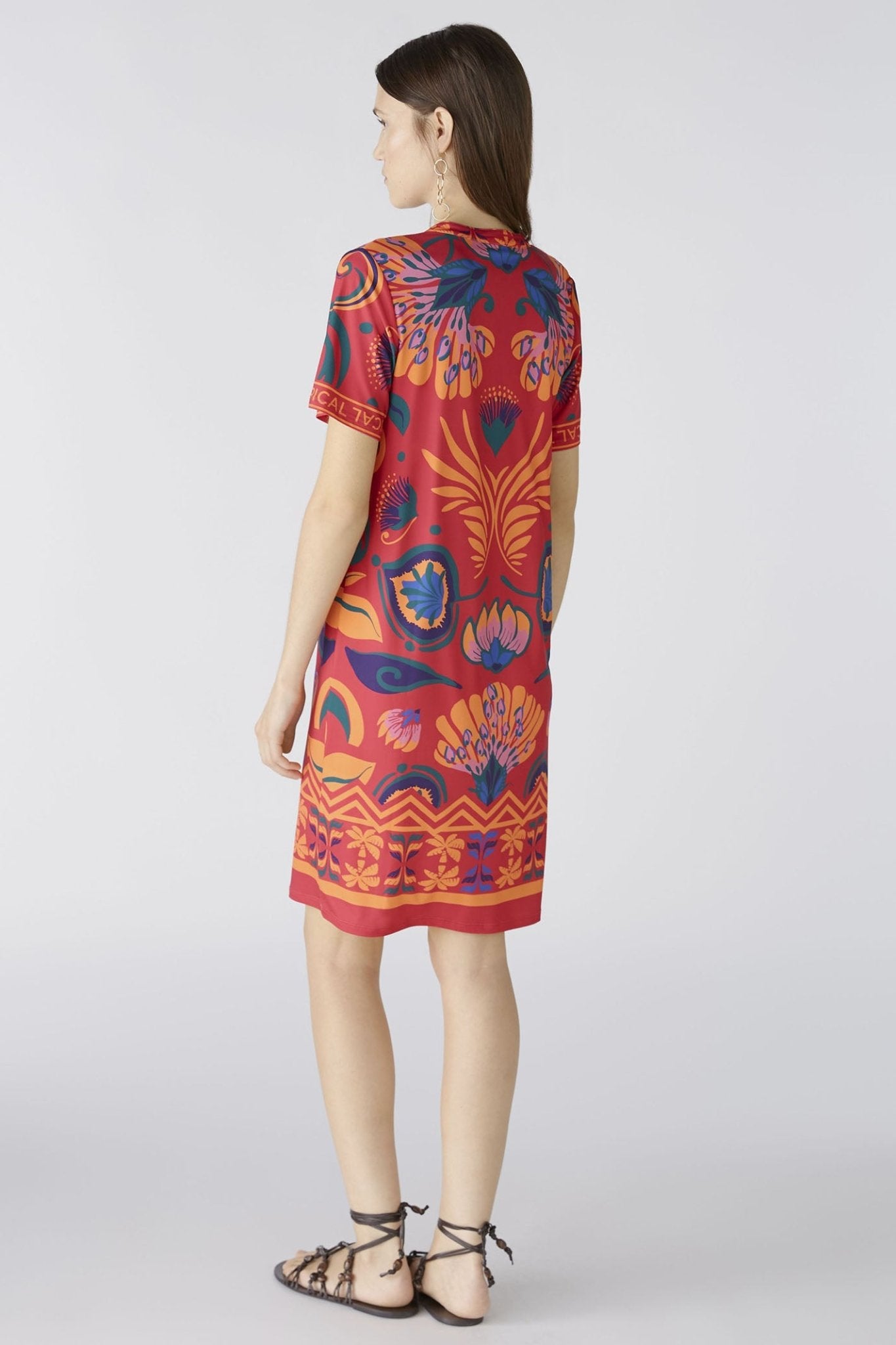 Oui 87562 Pink Orange Tropical Print Short Sleeve Dress - Dotique