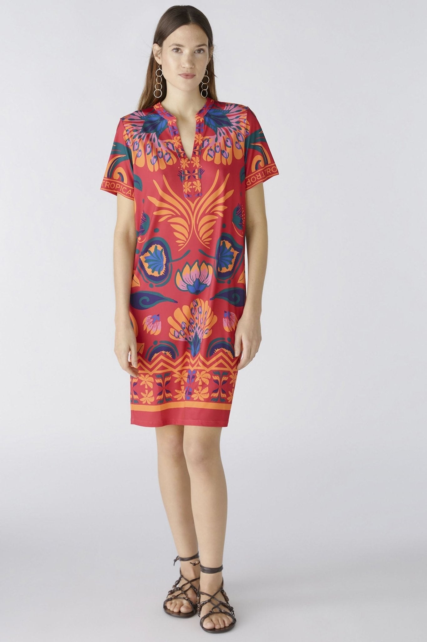 Oui 87562 Pink Orange Tropical Print Short Sleeve Dress - Dotique