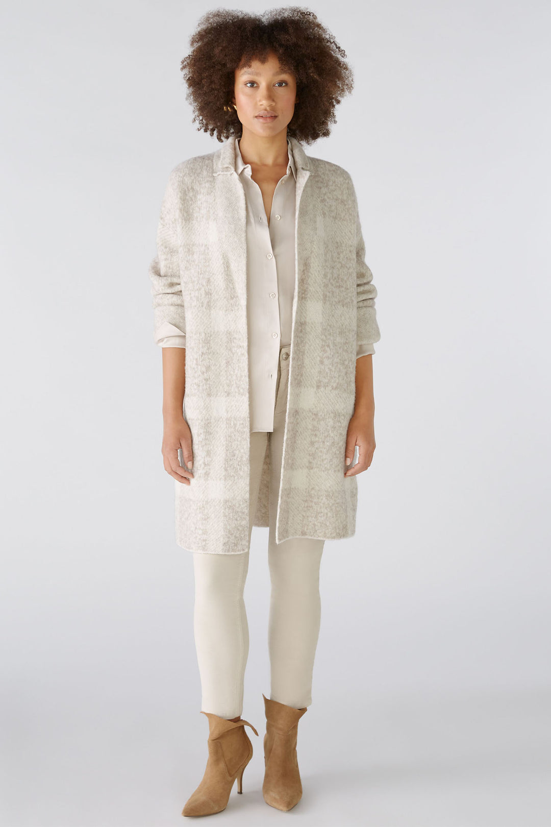 Oui 88938 Taupe White Checked Knitted Coat - Dotique