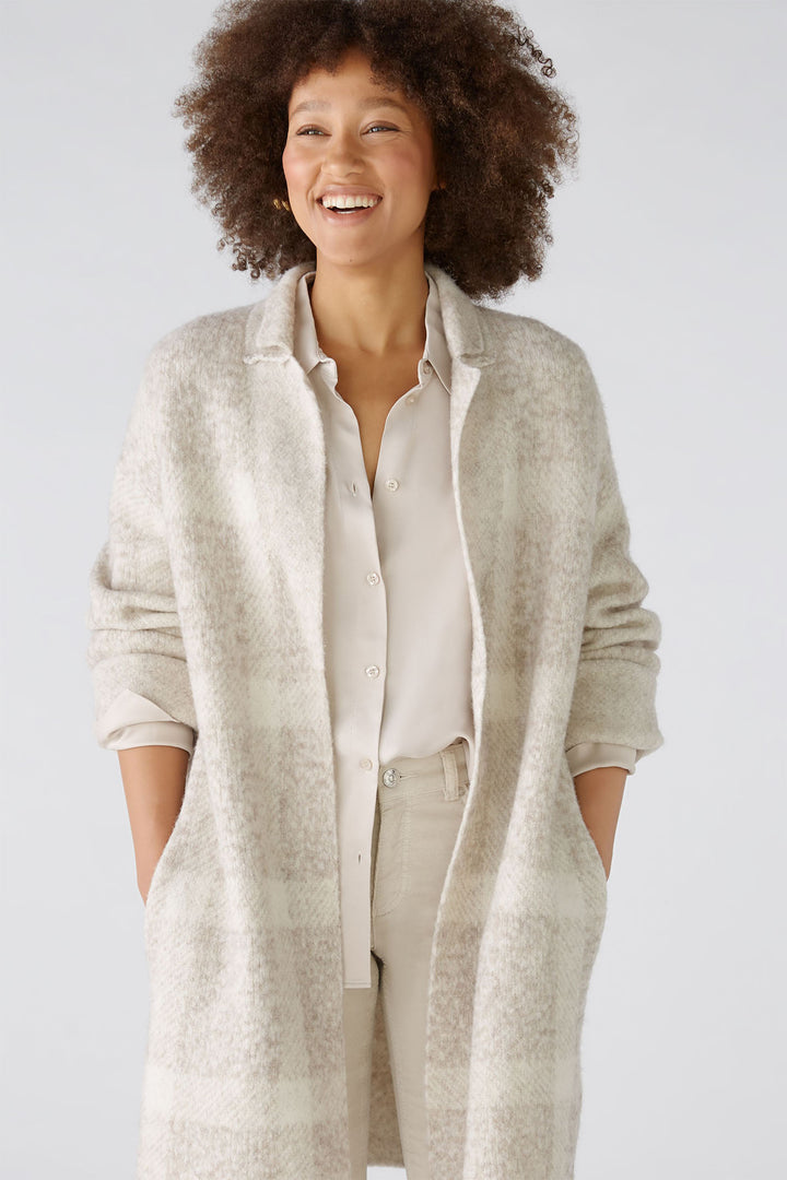 Oui 88938 Taupe White Checked Knitted Coat - Dotique