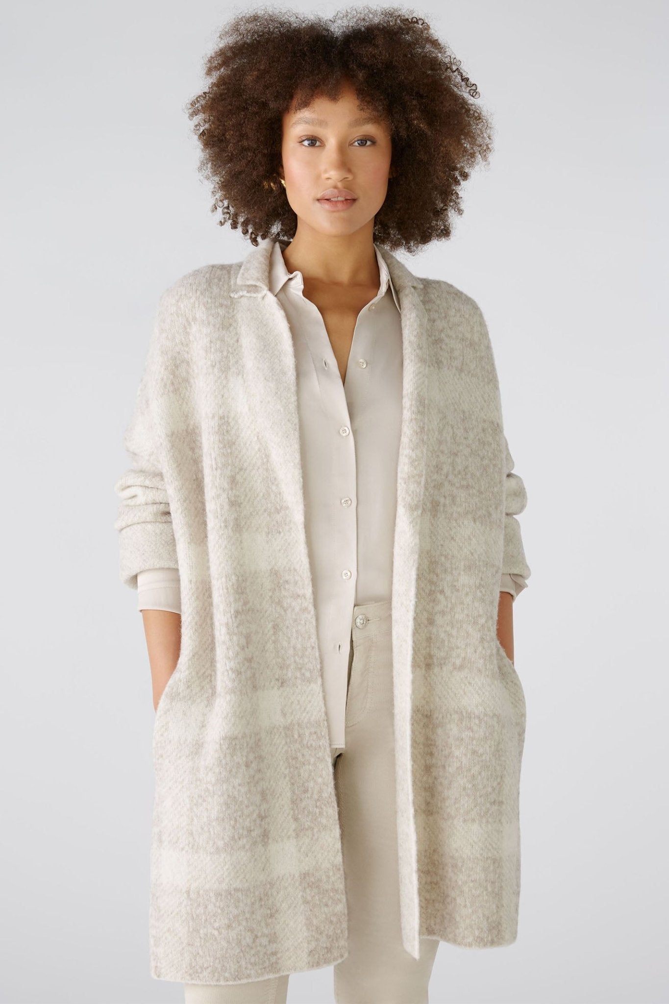 Oui 88938 Taupe White Checked Knitted Coat – Dotique
