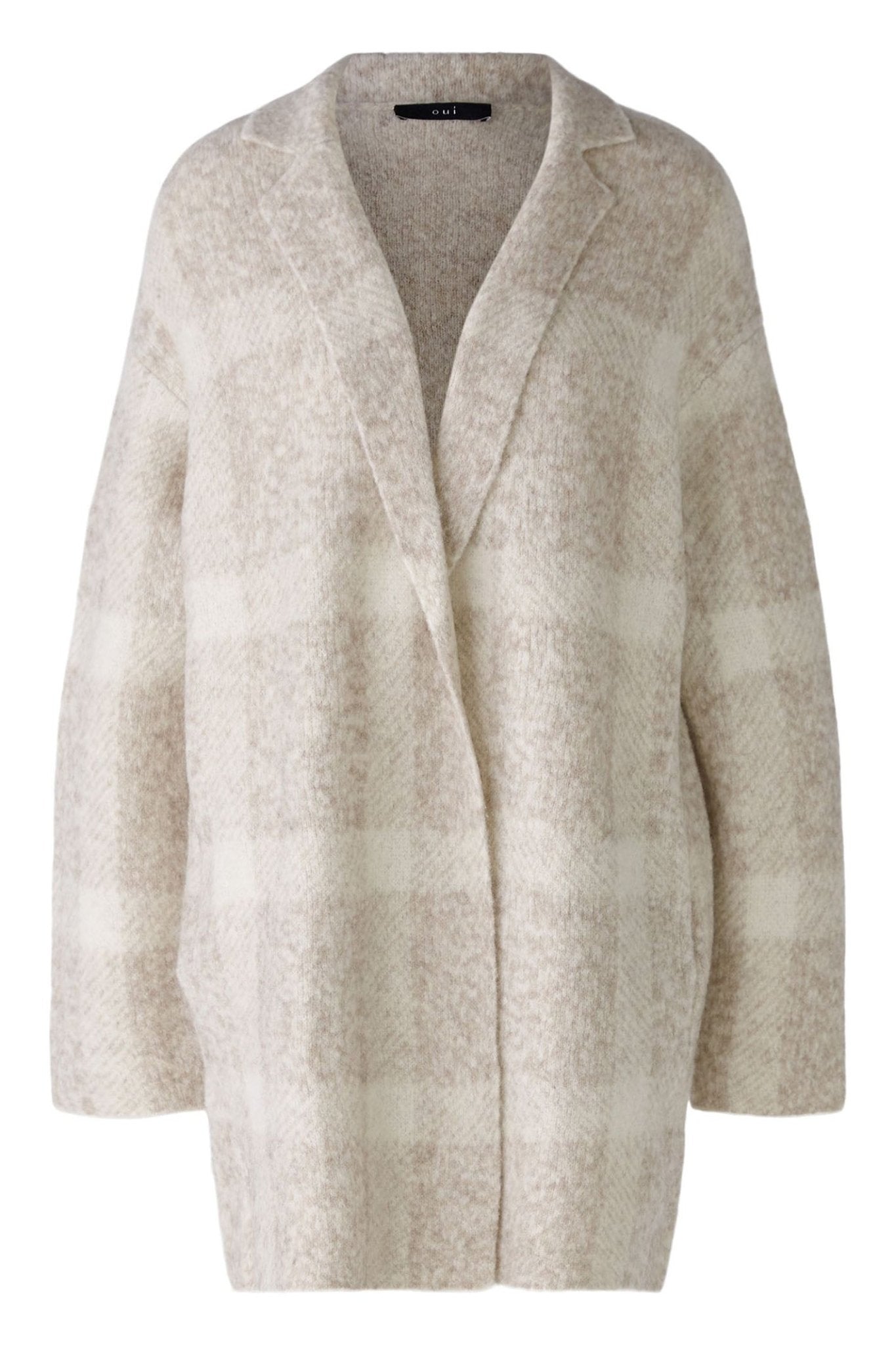 Oui 88938 Taupe White Checked Knitted Coat - Dotique