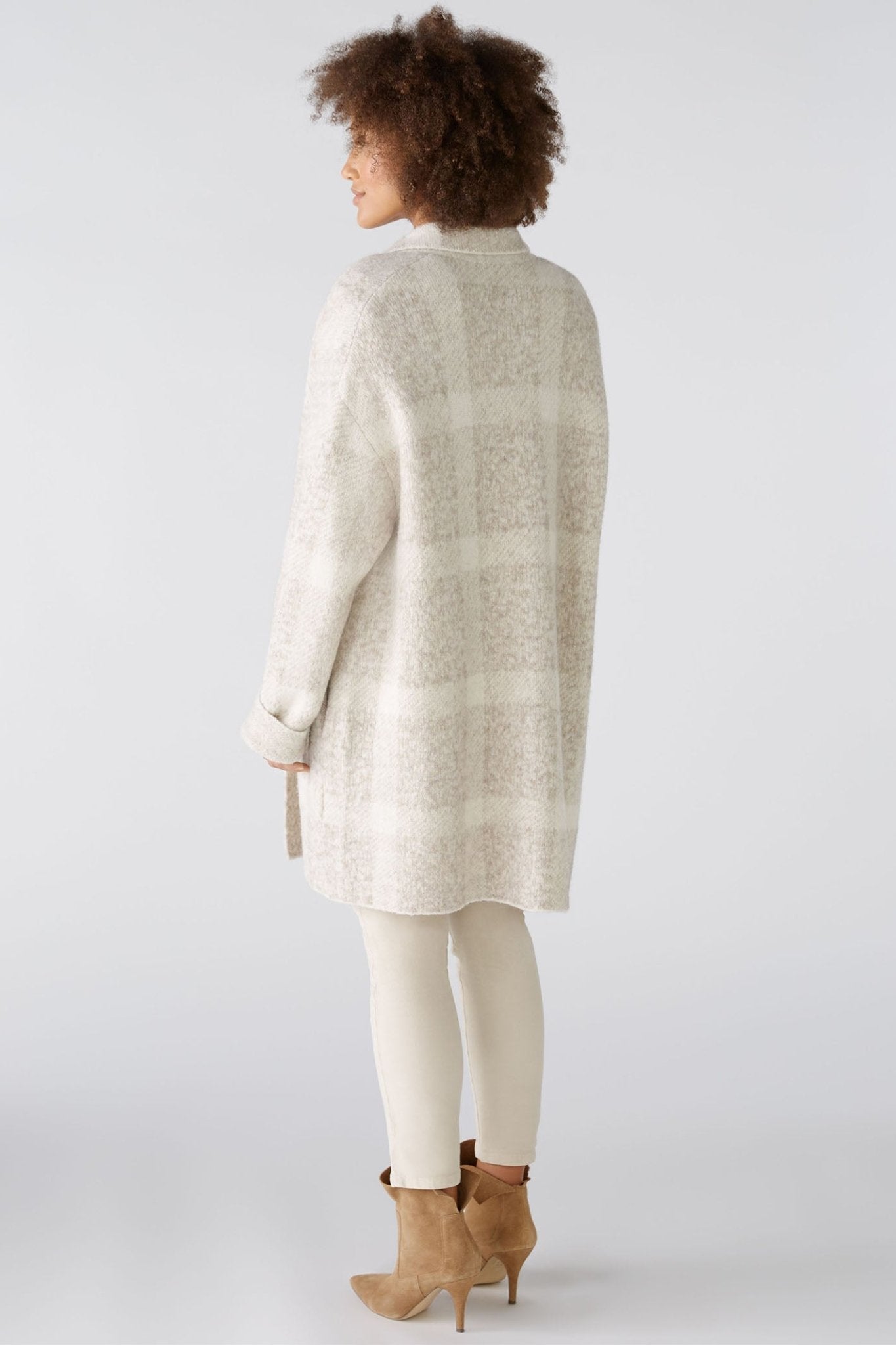 Oui 88938 Taupe White Checked Knitted Coat - Dotique