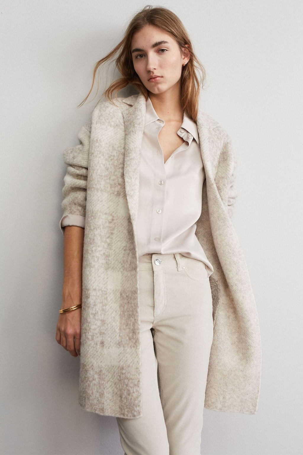 Oui 88938 Taupe White Checked Knitted Coat - Dotique