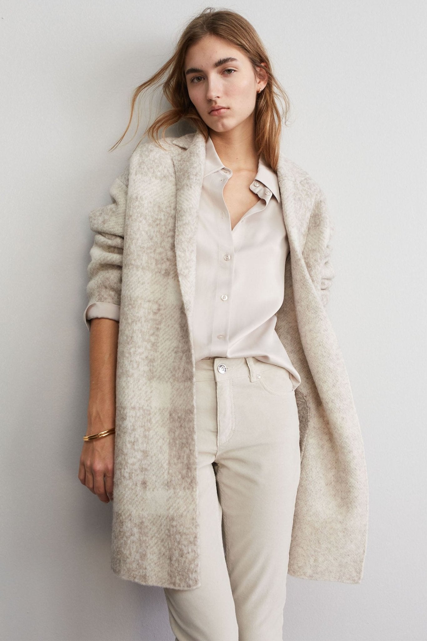 Oui 88938 Taupe White Checked Knitted Coat - Dotique