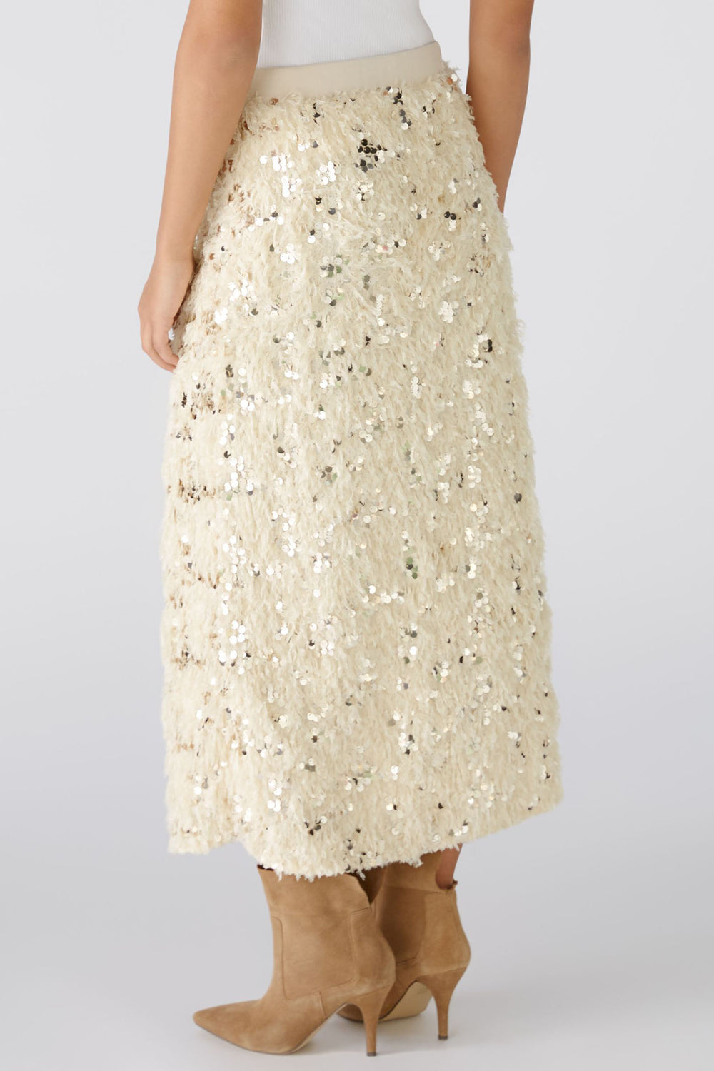 Oui 88977 Off White Camel Sequin Feather Midi Skirt - Dotique