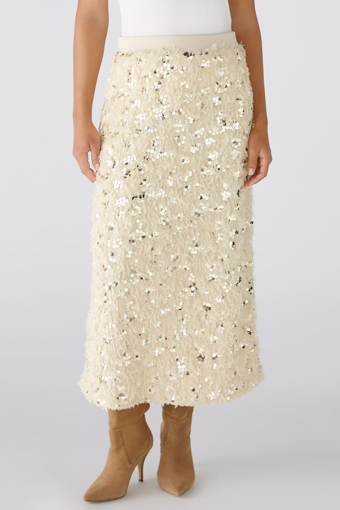 Oui 88977 Off White Camel Sequin Feather Midi Skirt - Dotique