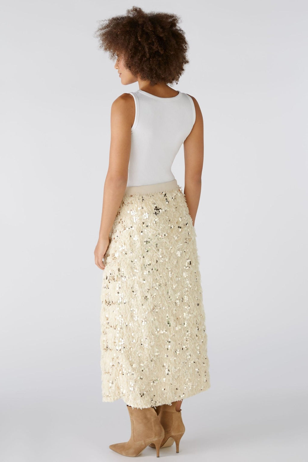 Oui 88977 Off White Camel Sequin Feather Midi Skirt - Dotique